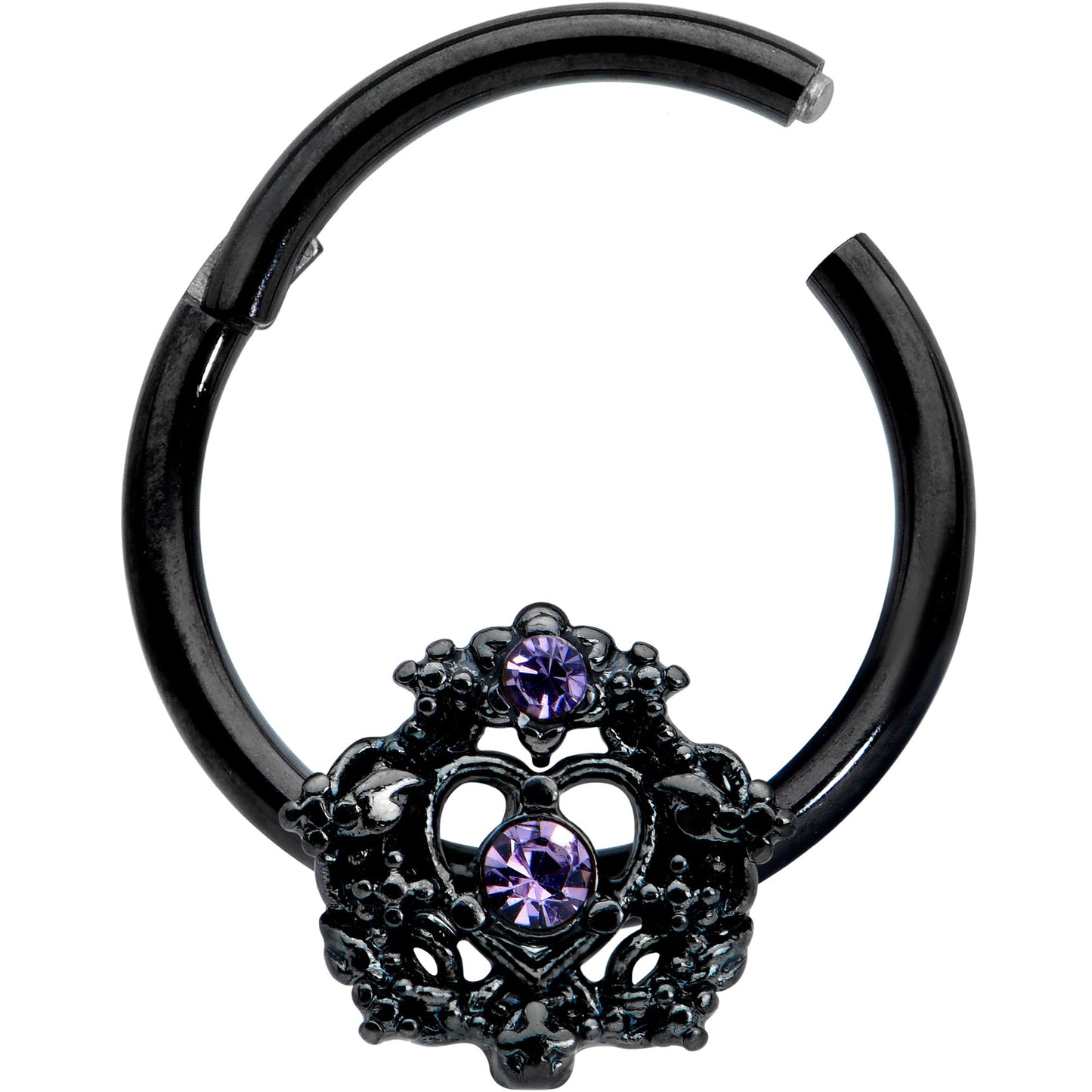 16G 3/8 Purple Gem Black Regal Crown Hinged Segment Ring