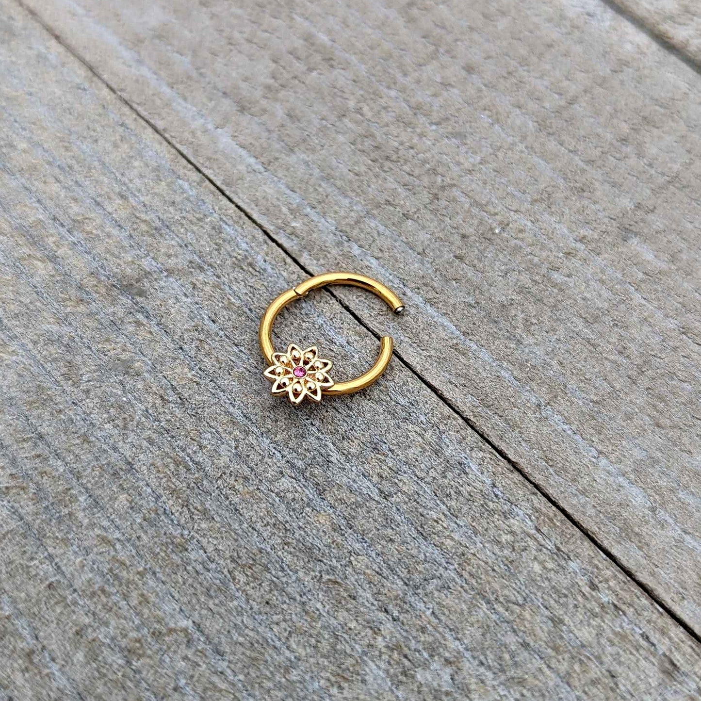 16G 3/8 Pink Gem Gold Tone Starry Flower Hinged Segment Ring