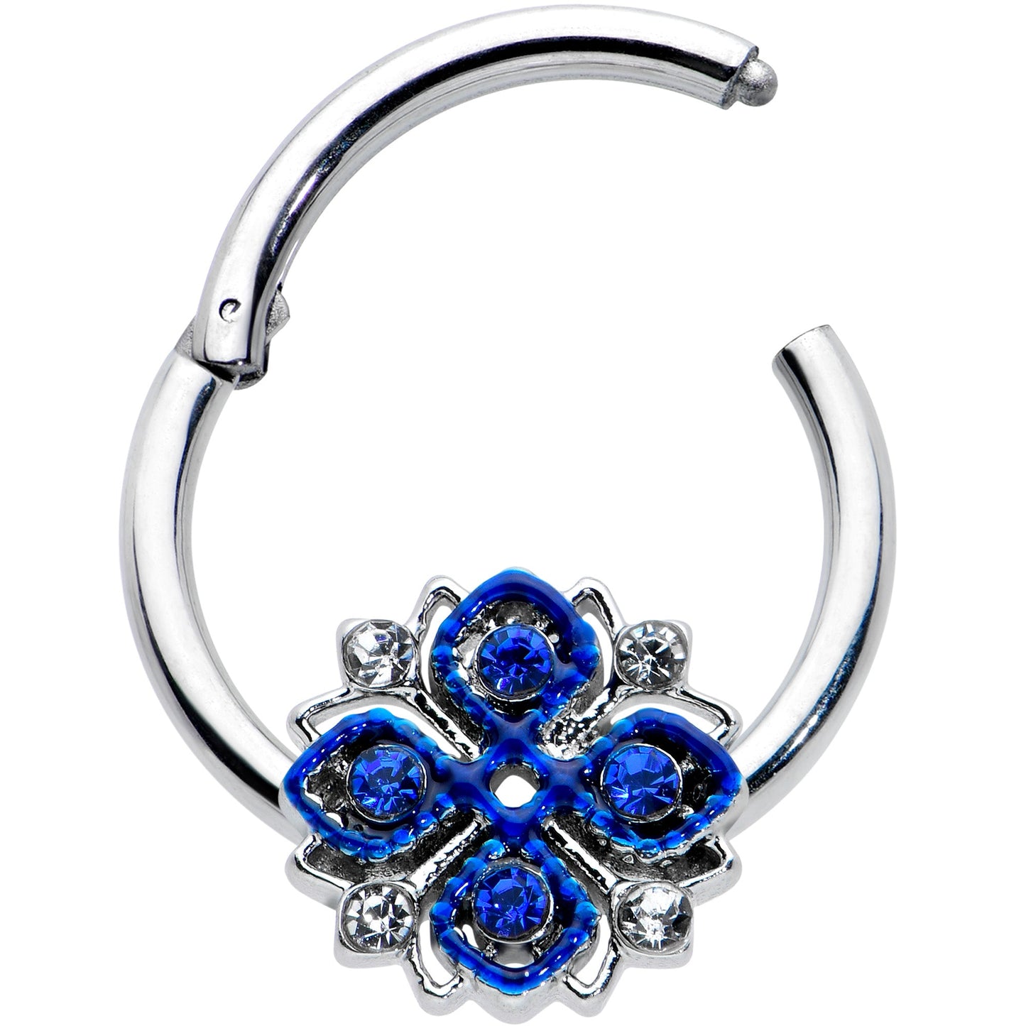16G 3/8 Blue Clear Gem Embellished Cross Hinged Segment Ring