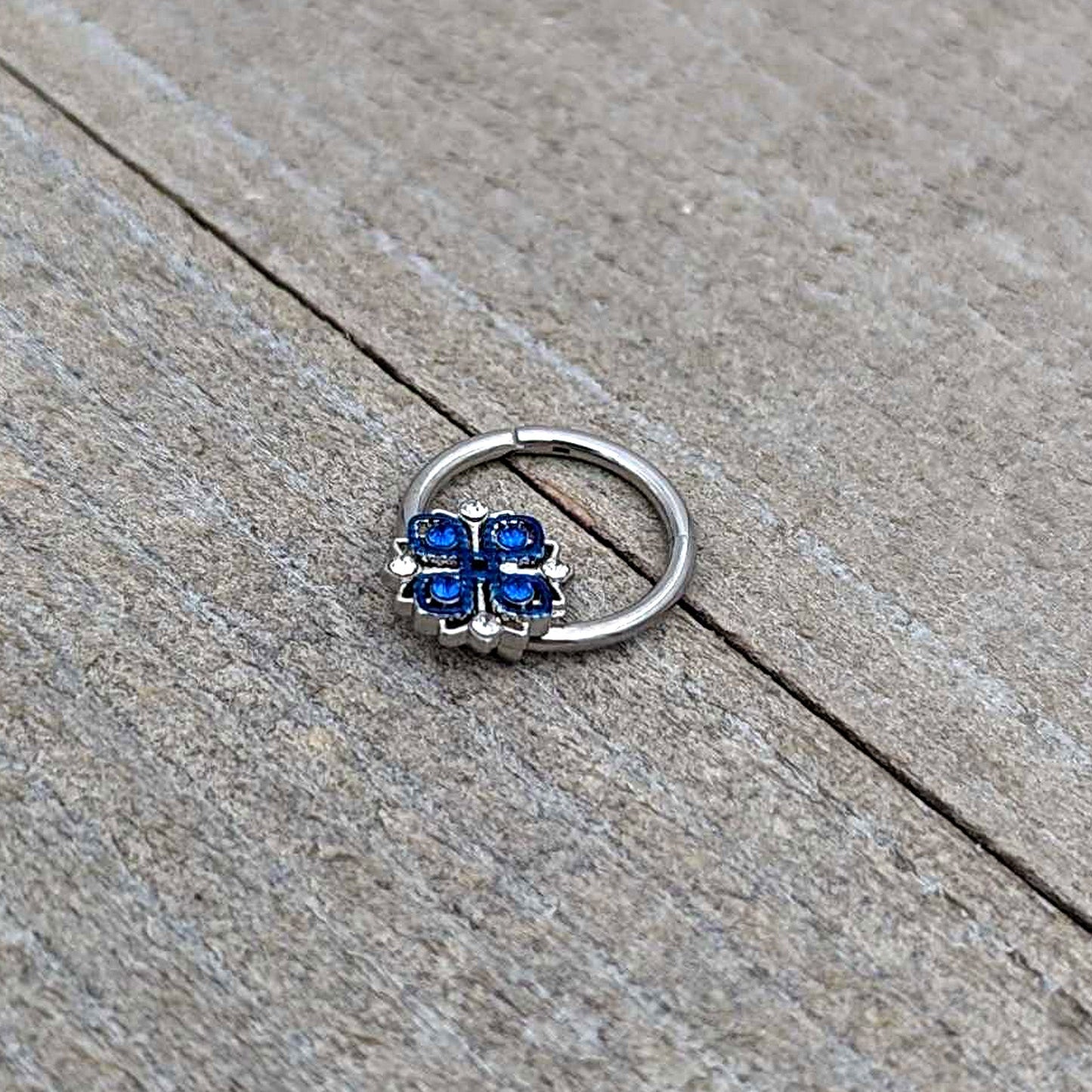 16G 3/8 Blue Clear Gem Embellished Cross Hinged Segment Ring