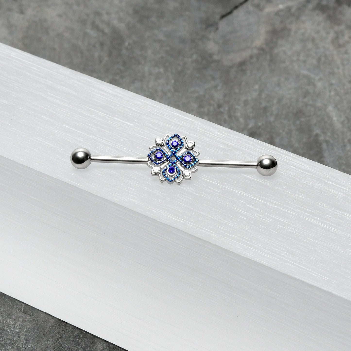 14G Clear Blue Gem Embellished Cross Industrial Barbell 38mm