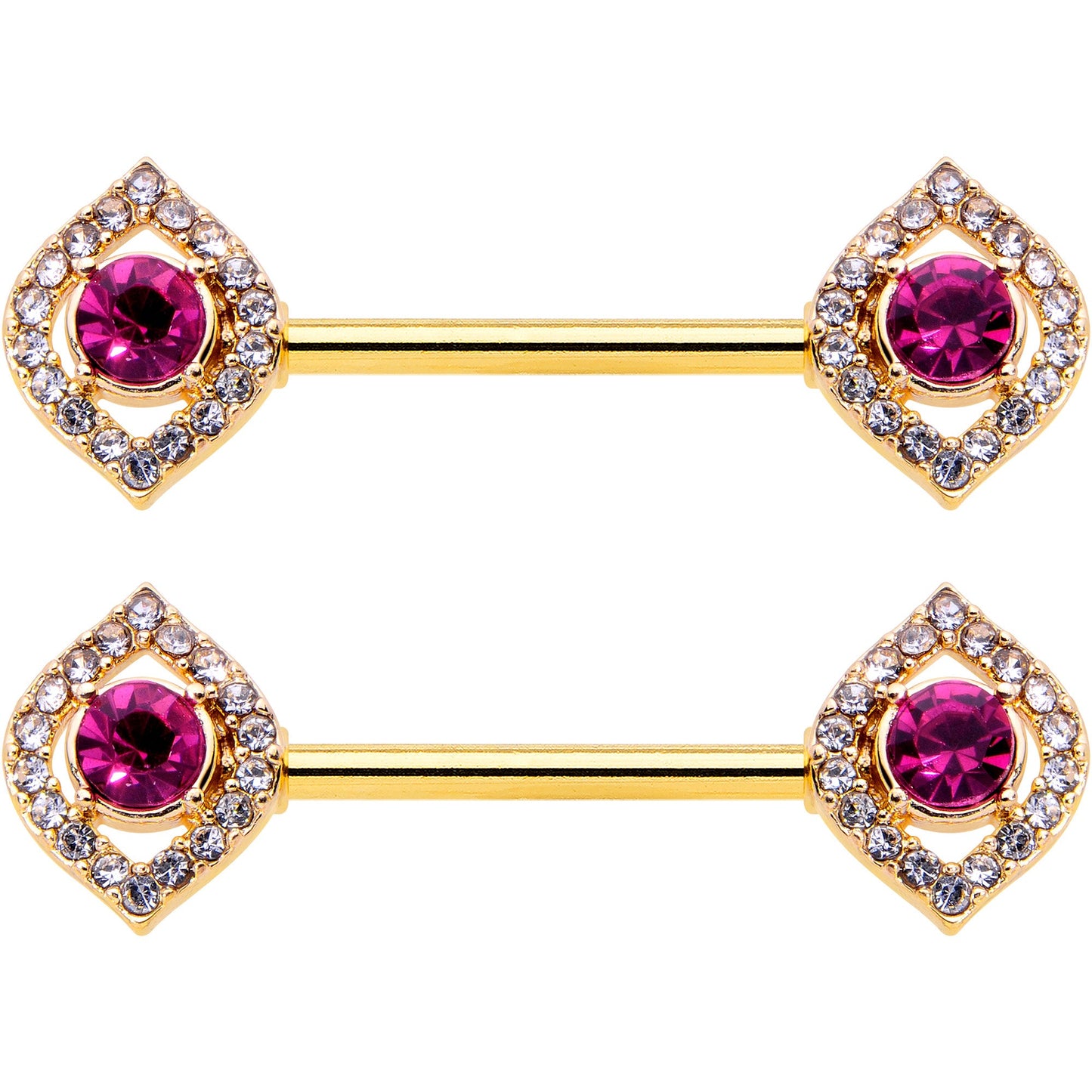 14G 9/16 Clear Pink Gem Gold Tone Open Eye Barbell Nipple Ring Set