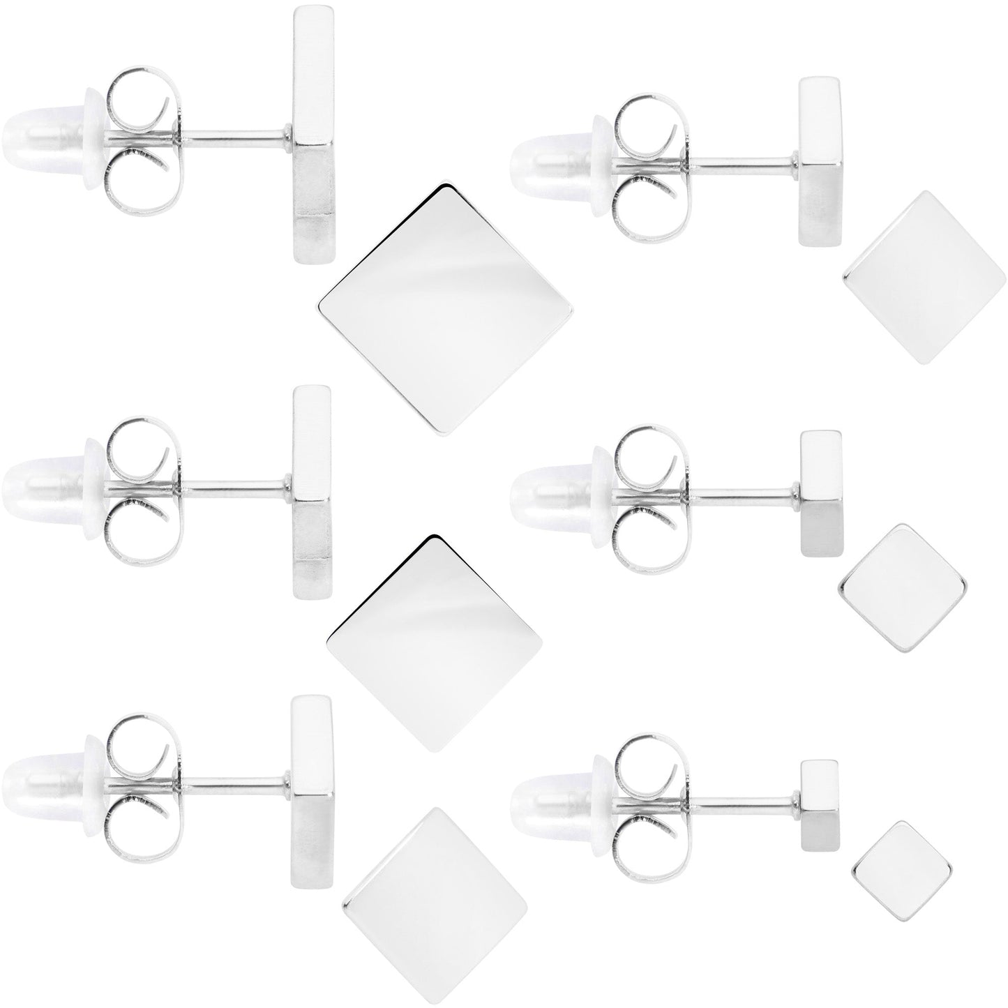 3mm-8mm Square Stud 316L Stainless Steel Earrings 6 Pack