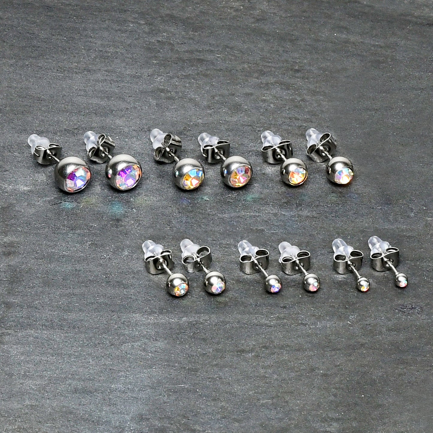 Aurora Gem 3mm to 8mm Ball End Stud Earrings Set of 6