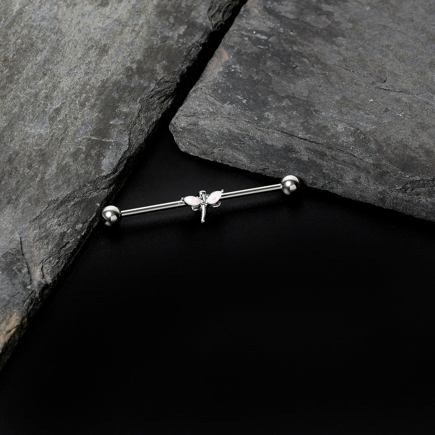 14G White Faux Opal Simple Style Dragonfly Industrial Barbell 38mm
