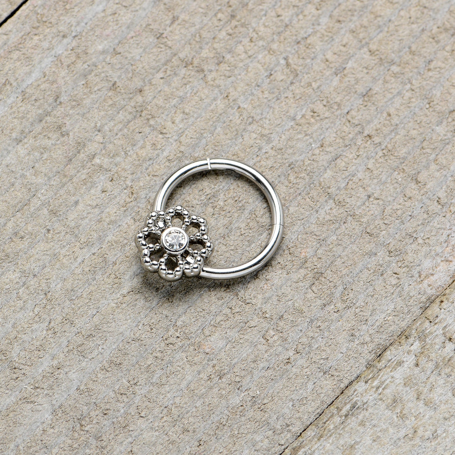 16G 3/8 Clear Gem Epic Fabulous Flower Hinged Segment Ring