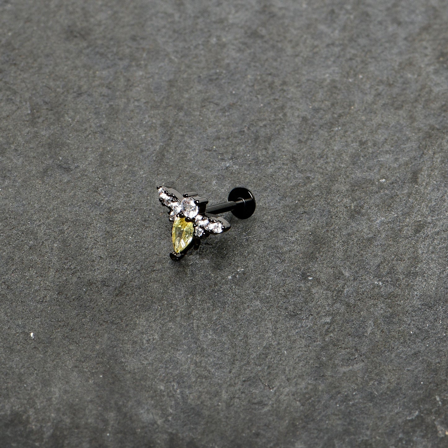 16G 5/16 Clear Yellow Gem Black Butterfly Labret Monroe Tragus
