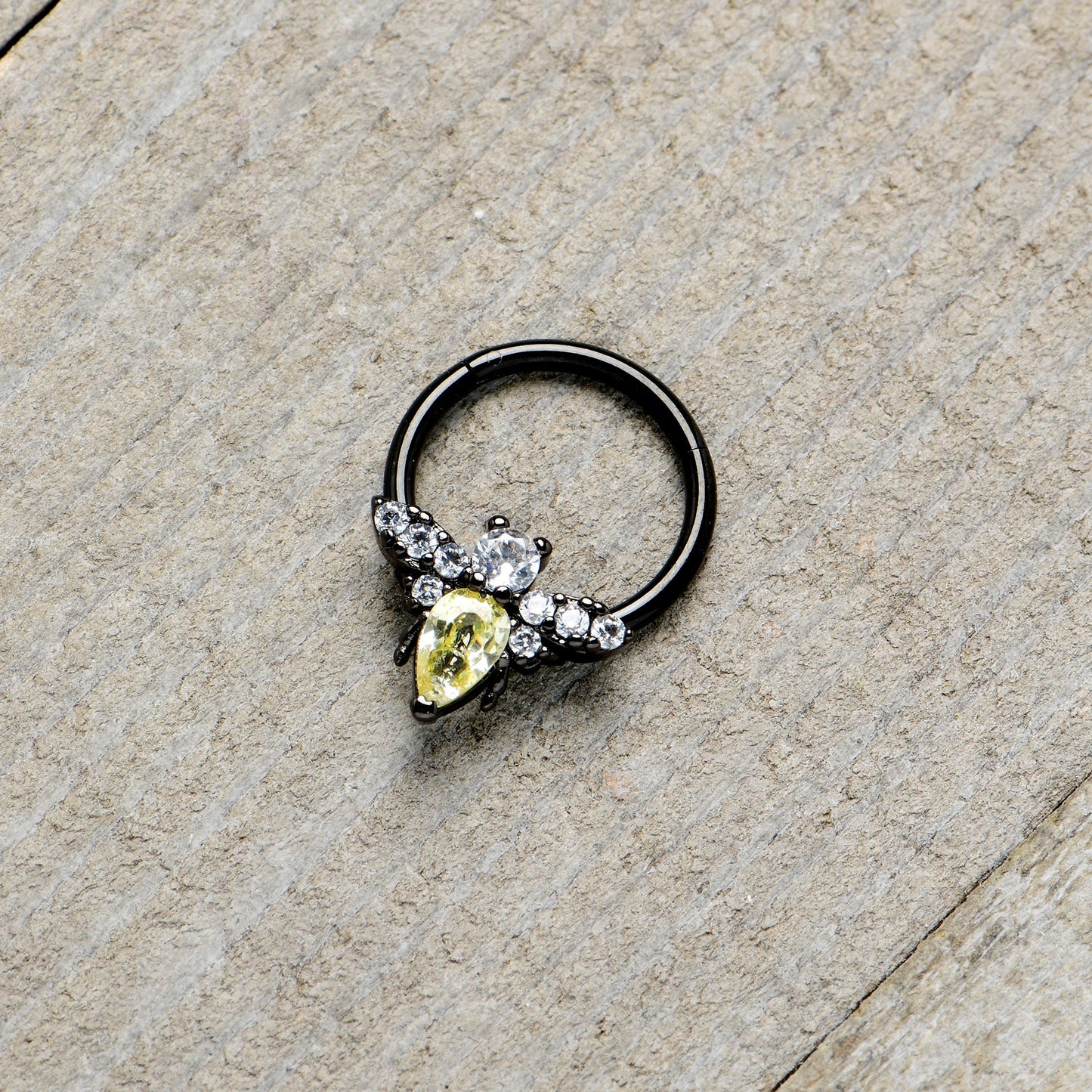 16G 3/8 Yellow Clear Gem Black Butterfly Hinged Segment Ring