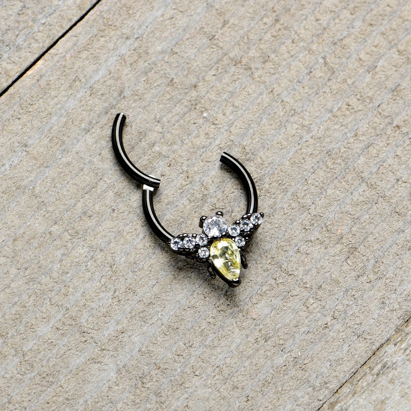 16G 3/8 Yellow Clear Gem Black Butterfly Hinged Segment Ring