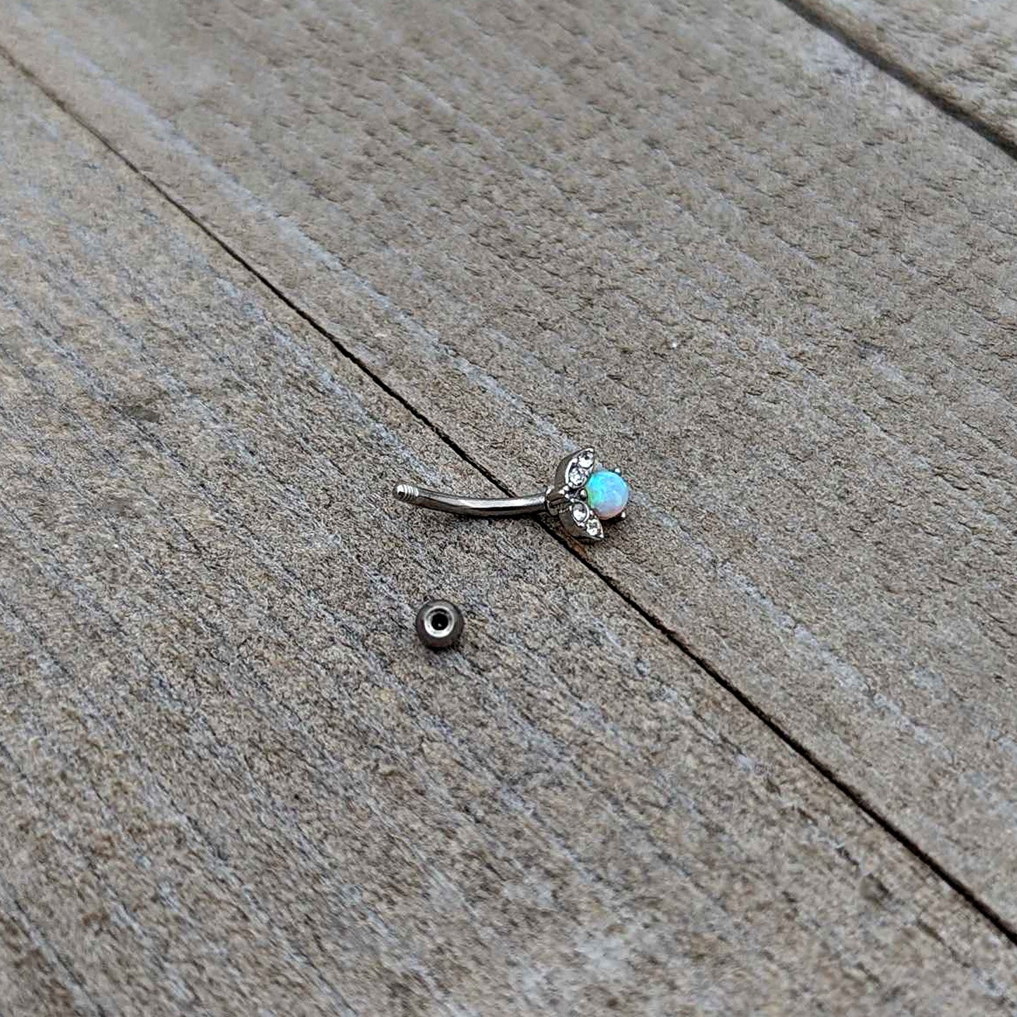 16G 5/16 White Synthetic Opal Style Flower Curved Eyebrow Ring
