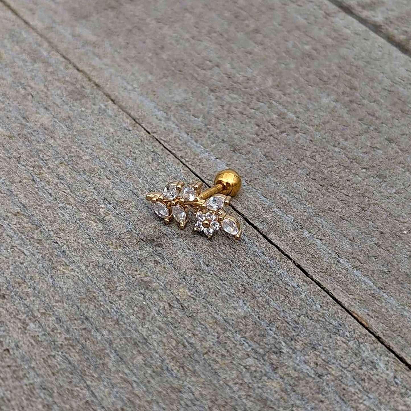 16G 1/4 Clear CZ Gem Gold Hue Flower Vine Cartilage Tragus Earring