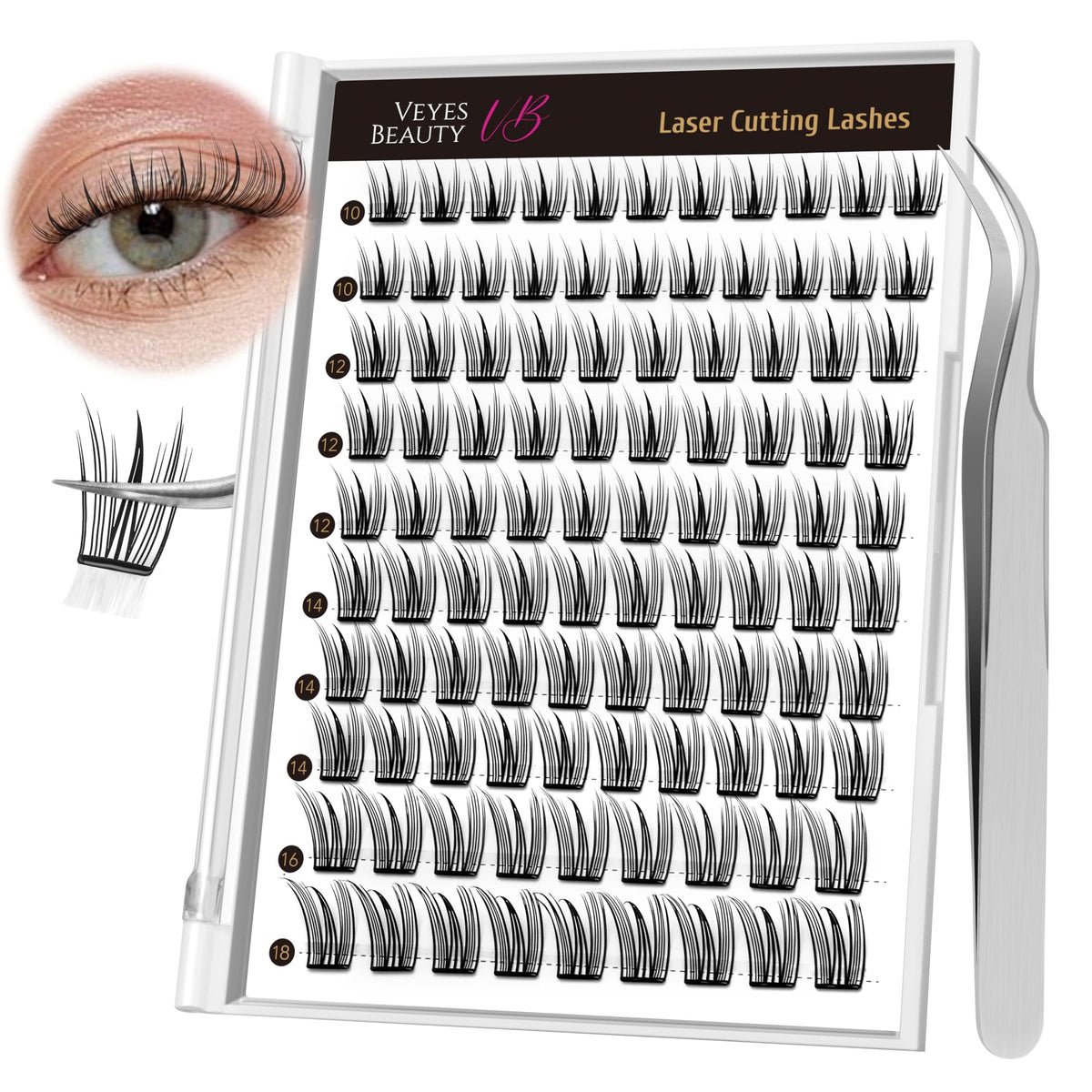 VEYESBEAUTY Self Adhesive Eyelashes Clusters Kit 10-16mm Mix Tray Pre Glued Lash Clusters Idol Natural & Wispy DIY Invisible Band Lash Extensions