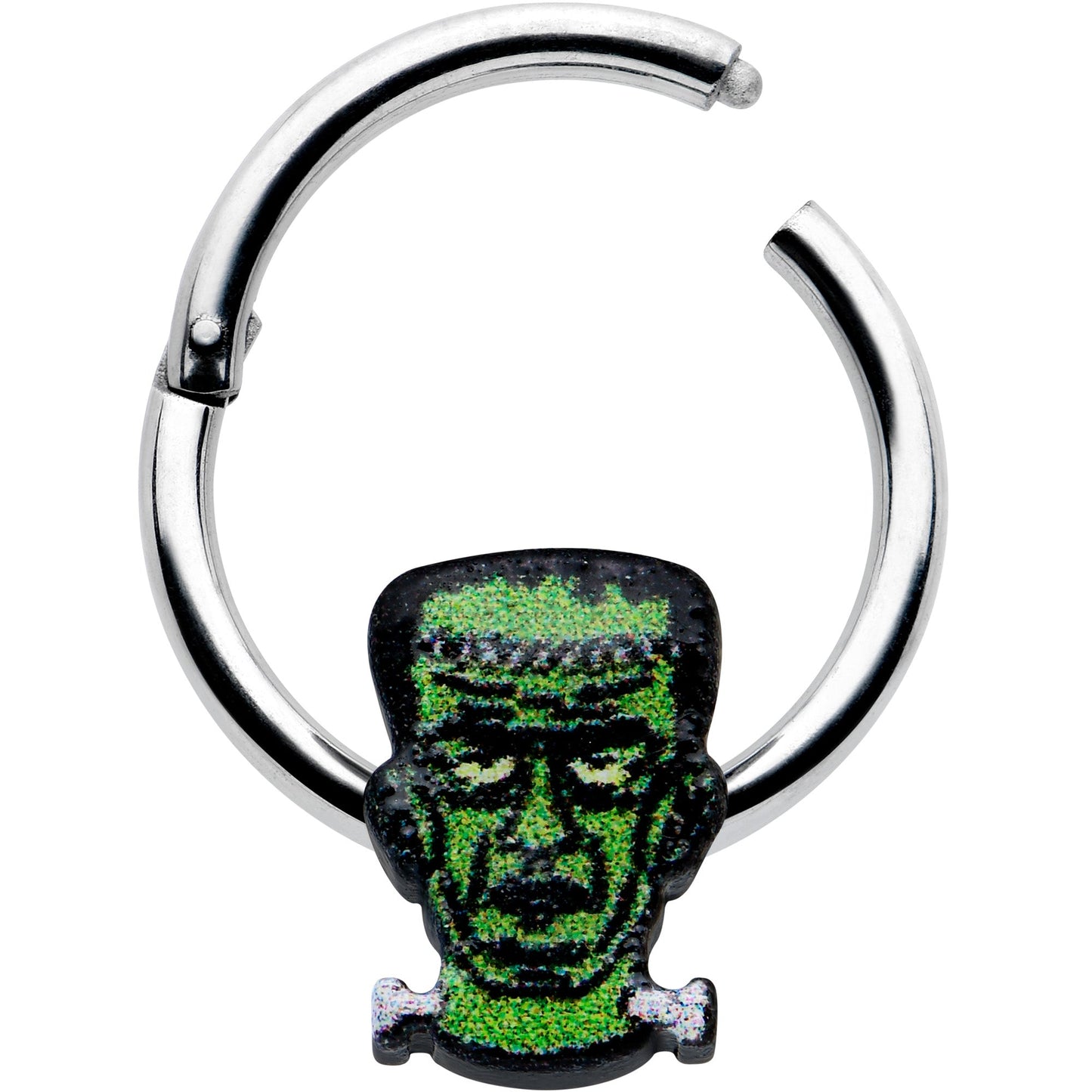 16G 3/8 Frankenstein Head Green Glow in Dark Hinged Segment Ring