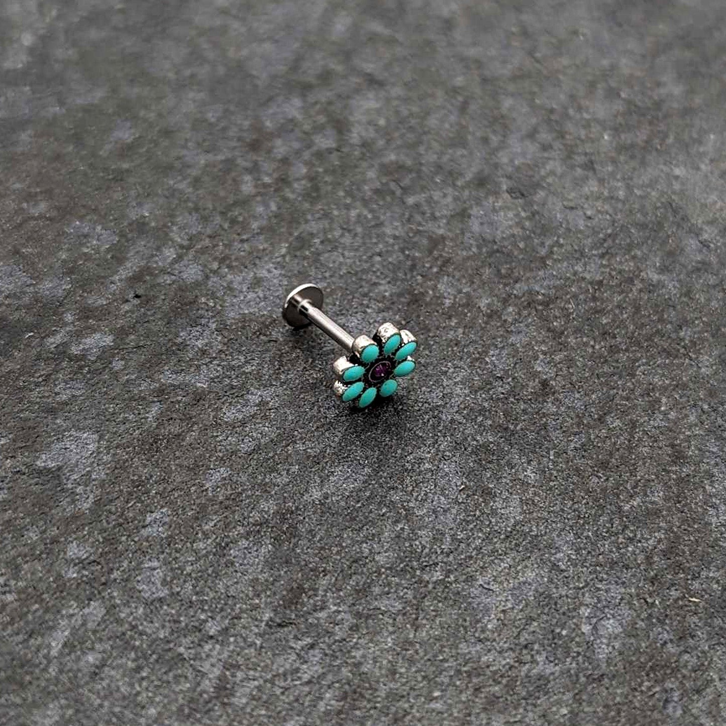 16G 5/16 Blue Gem Flower Teal Petals Labret Monroe Tragus
