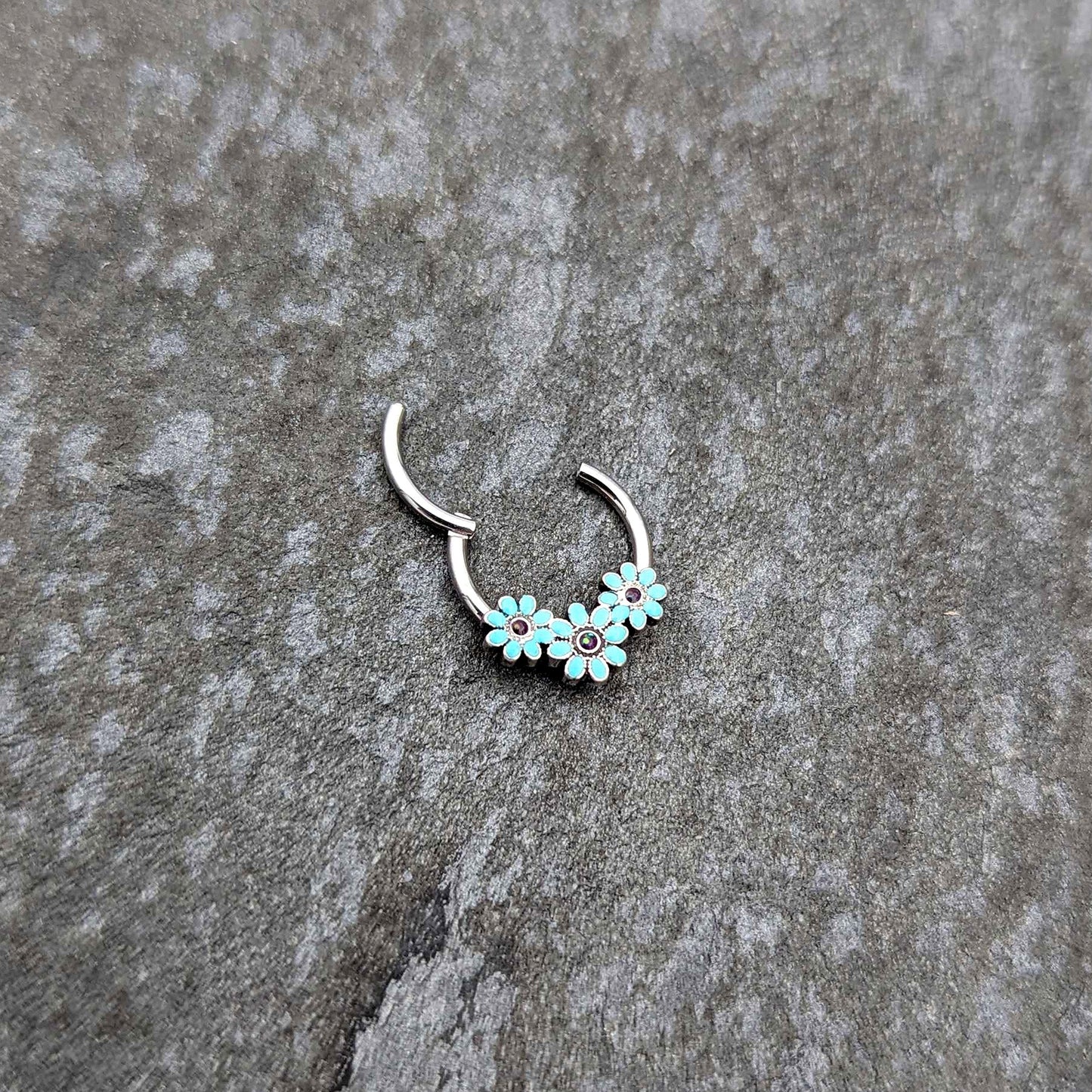 16G 3/8 Blue Gem Flower Trio Teal Petals Hinged Segment Ring