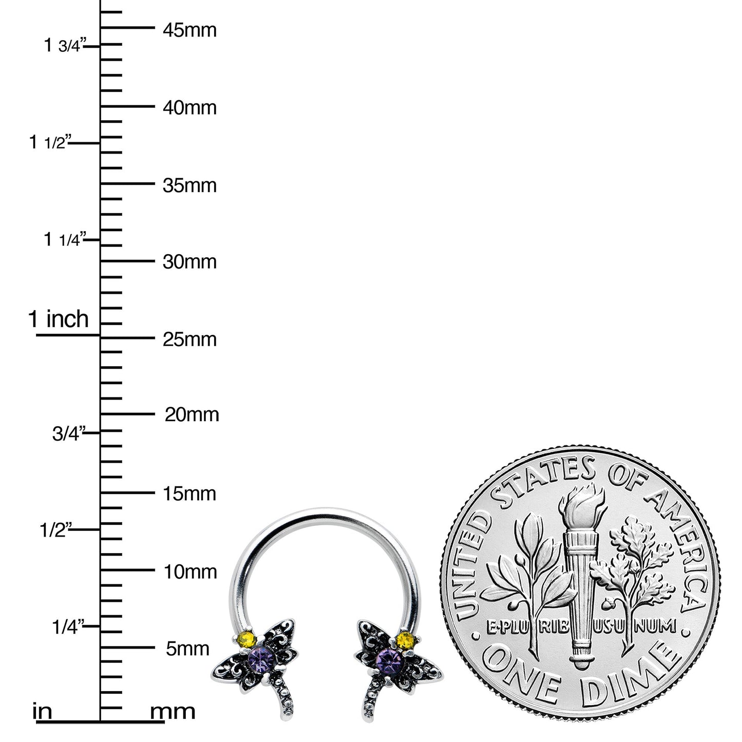 16G 3/8 Purple Yellow Gem Dragonfly Horseshoe Circular Barbell