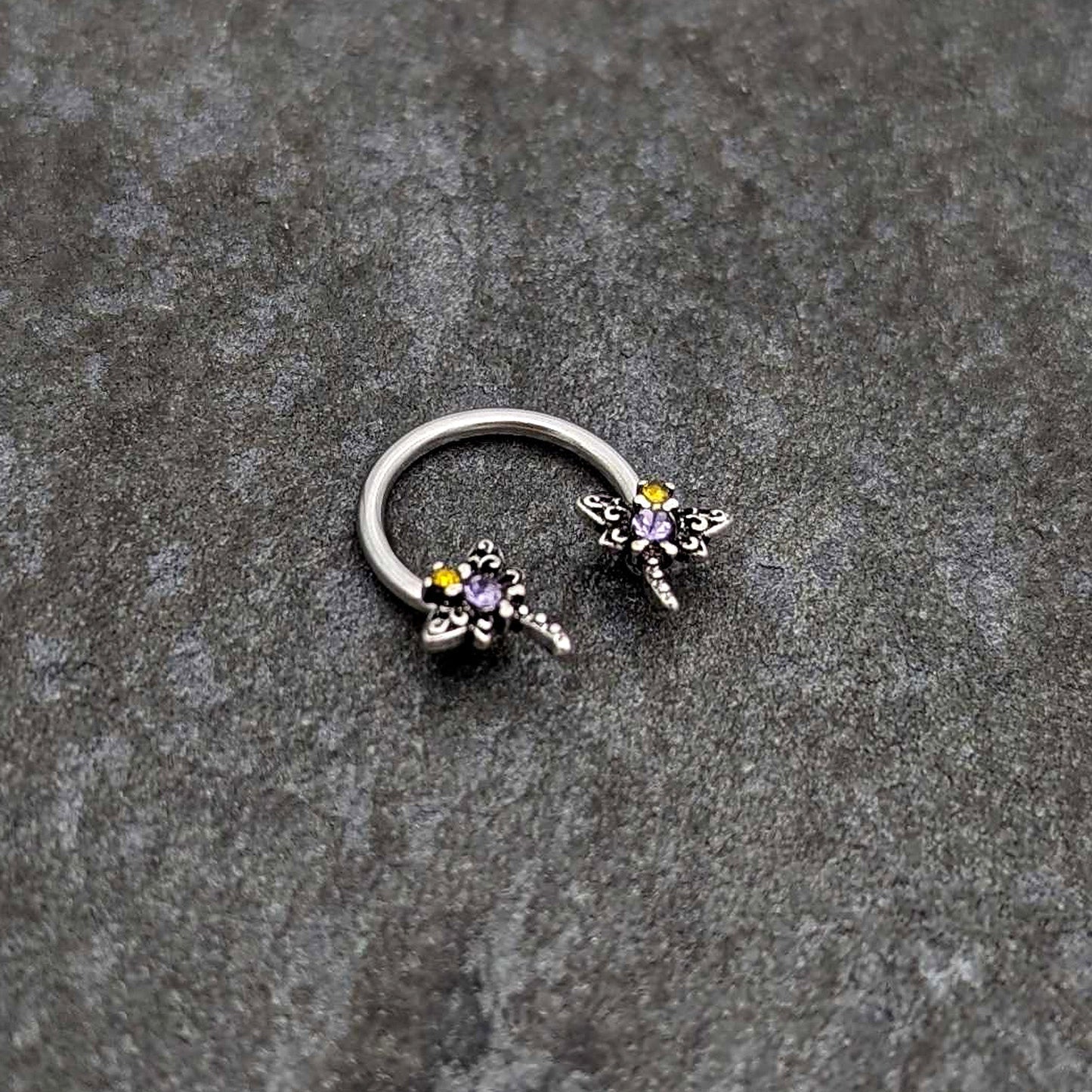 16G 3/8 Purple Yellow Gem Dragonfly Horseshoe Circular Barbell
