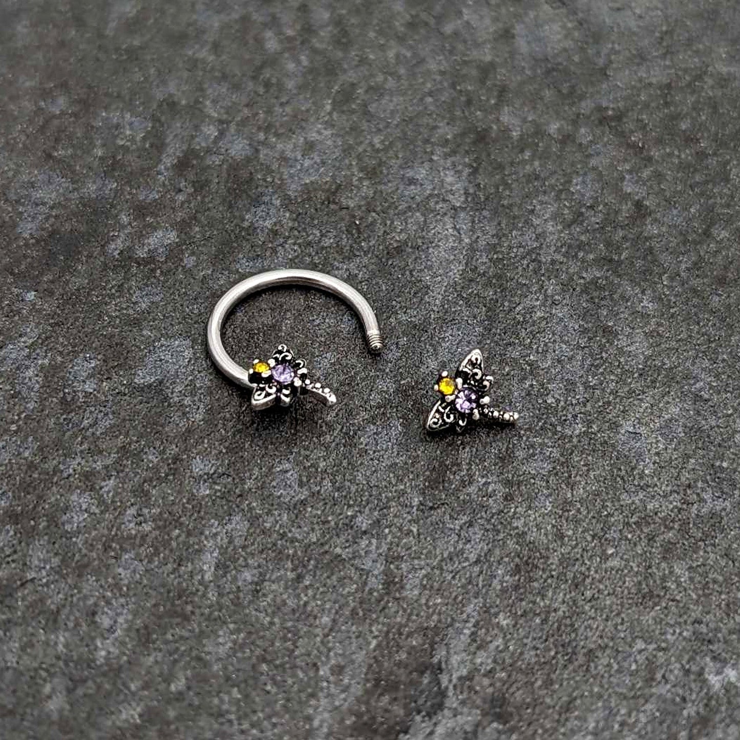 16G 3/8 Purple Yellow Gem Dragonfly Horseshoe Circular Barbell