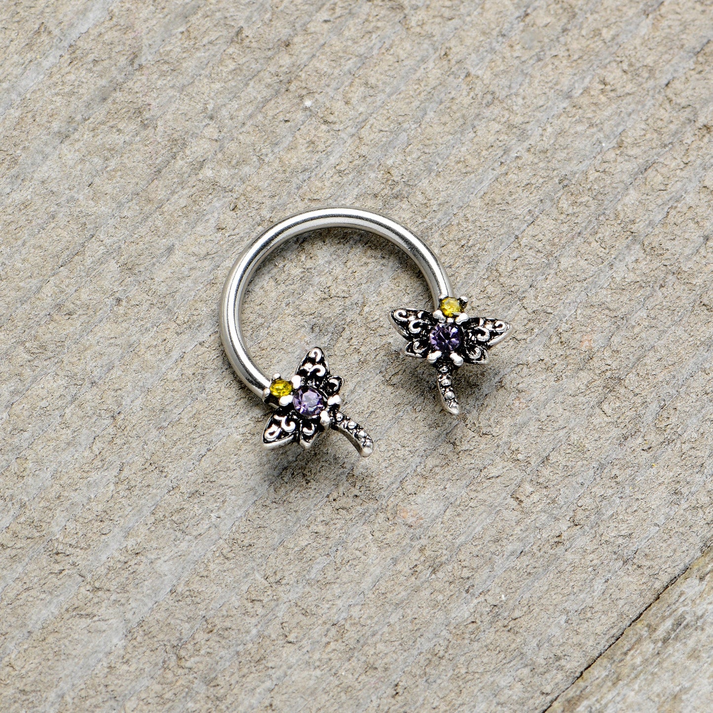 16G 3/8 Purple Yellow Gem Dragonfly Horseshoe Circular Barbell
