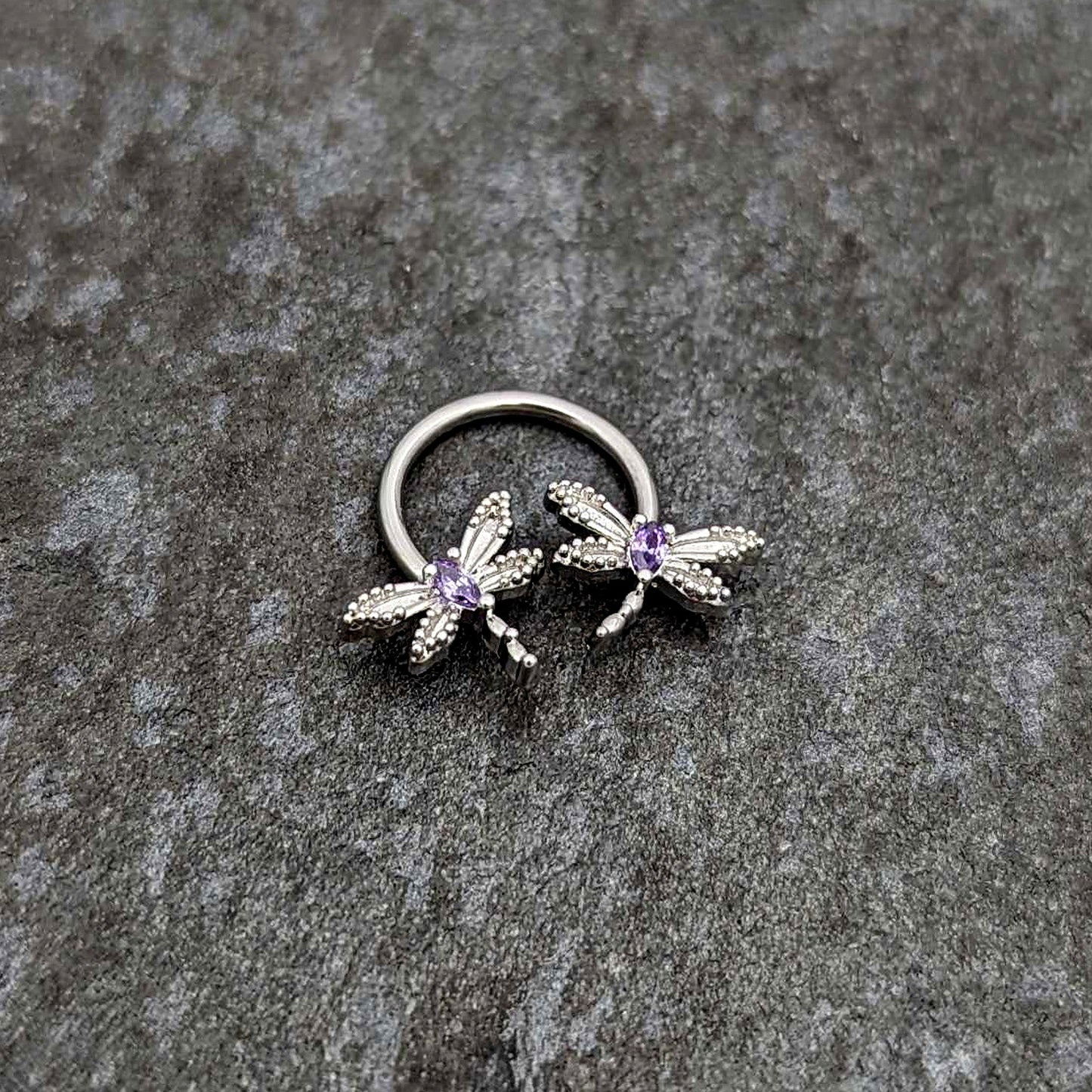 16G 3/8 Purple CZ Gem Open Dragonfly Horseshoe Circular Barbell