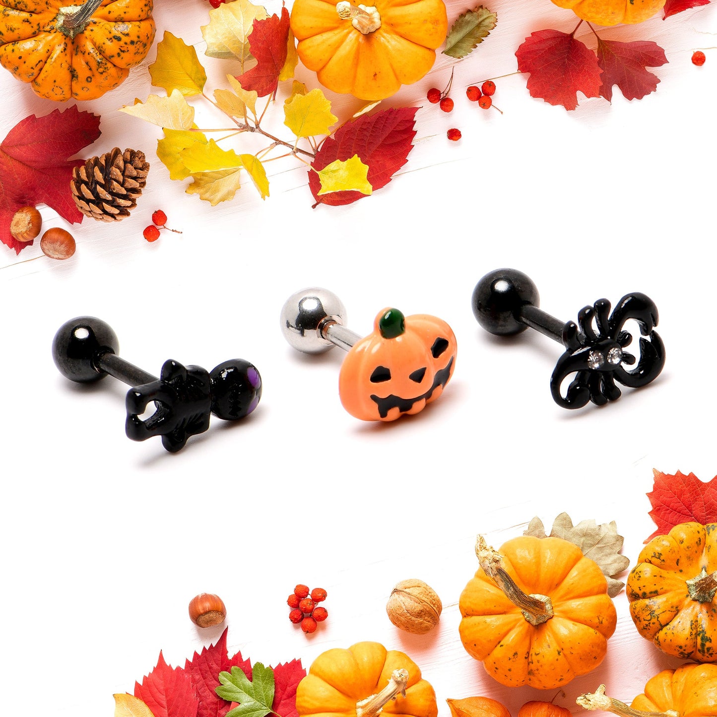 16G 1/4 Clear Gem Black Scorpion Pumpkin Cartilage Earring Set of 3
