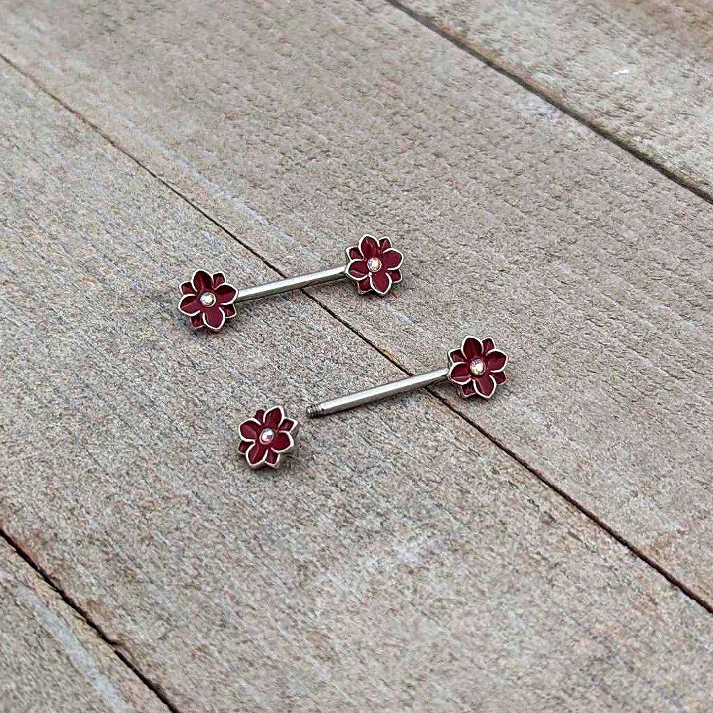14G 9/16 Aurora Gem Poinsettia Flower Barbell Nipple Ring Set
