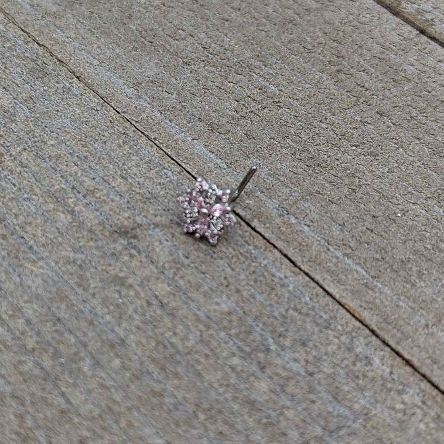 20G 7mm Pink Clear CZ Gem Snowflake L Shape Nose Ring