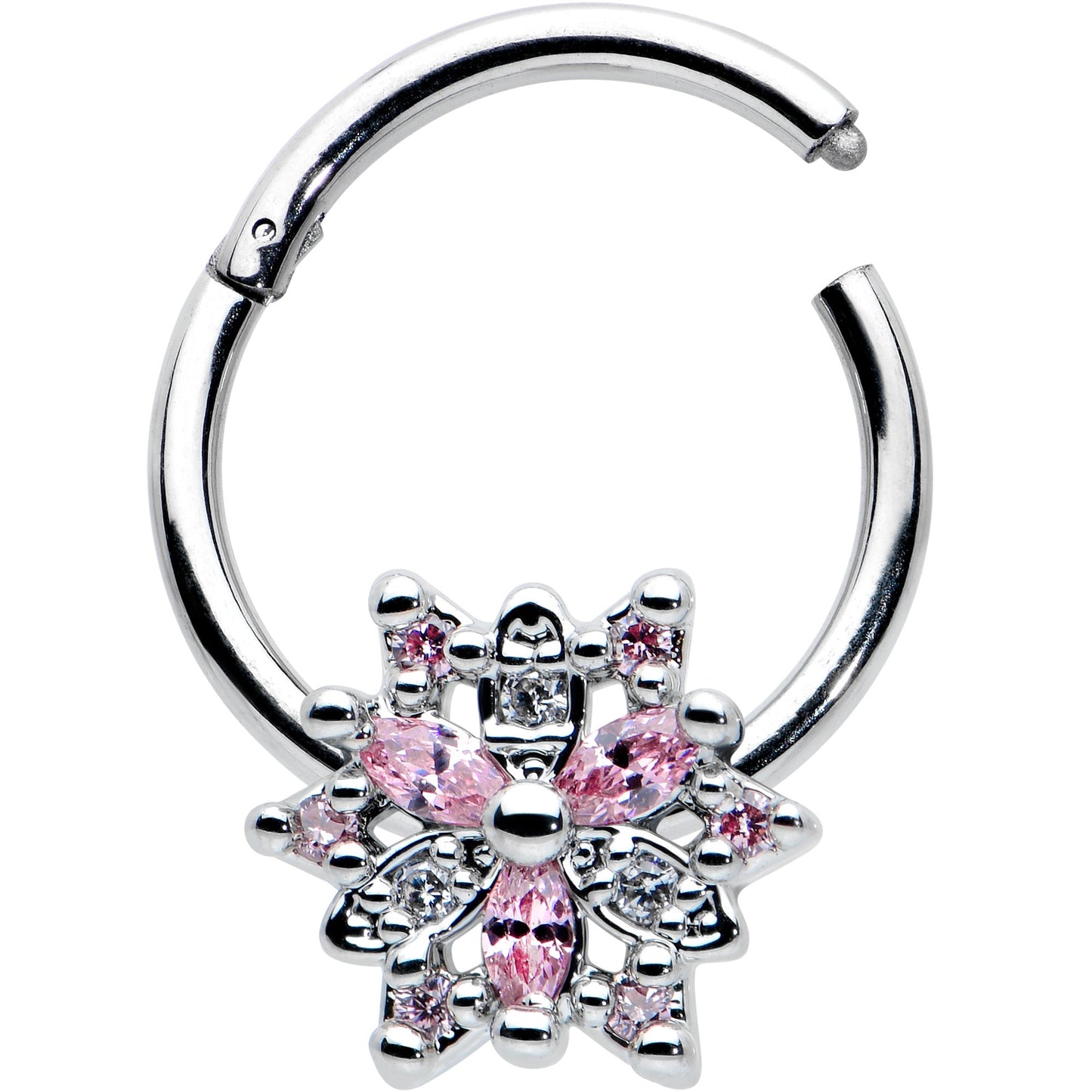 16G 3/8 Clear Pink CZ Gem Snowflake Hinged Circular Ring