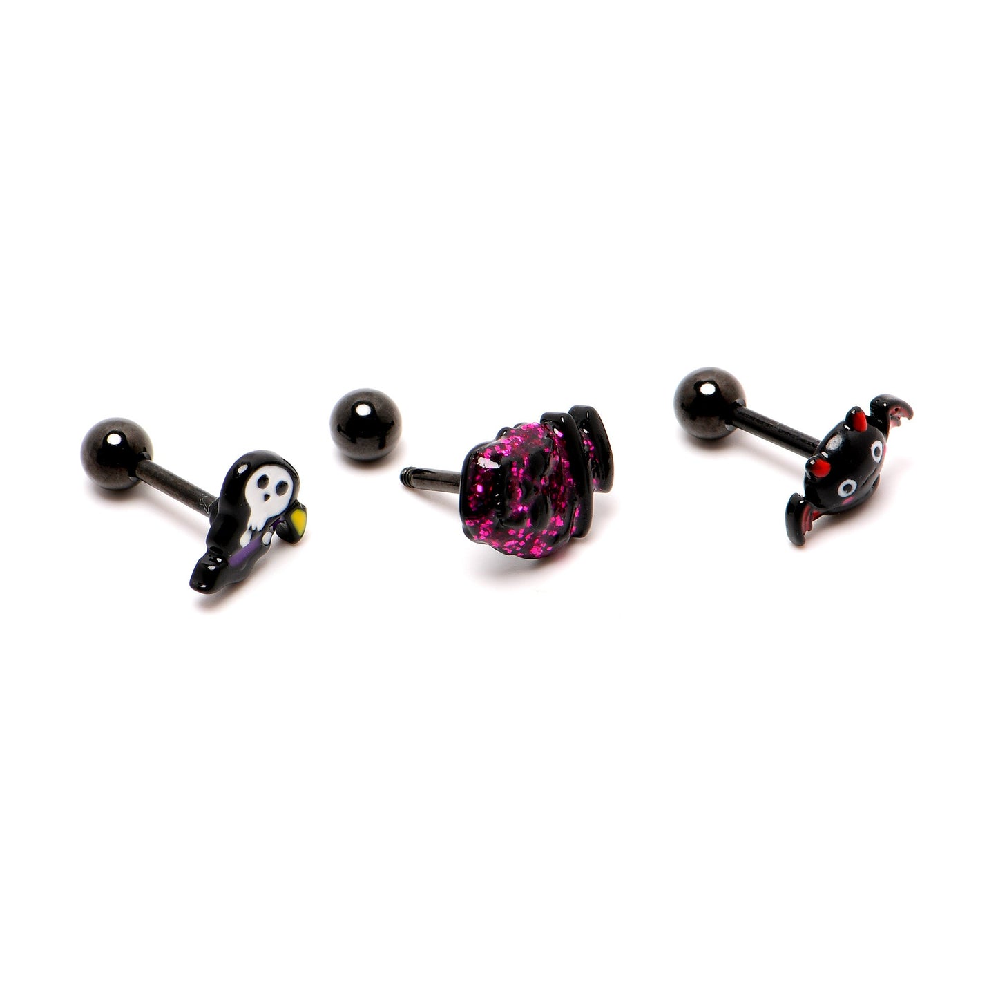 16G 1/4 Black Halloween Skull Bat Reaper Cartilage Earring Set of 3