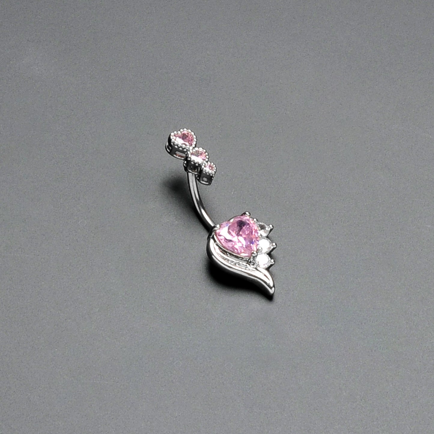 Pink CZ Gem Triple Drop Flare Heart Valentine Double Mount Belly Ring
