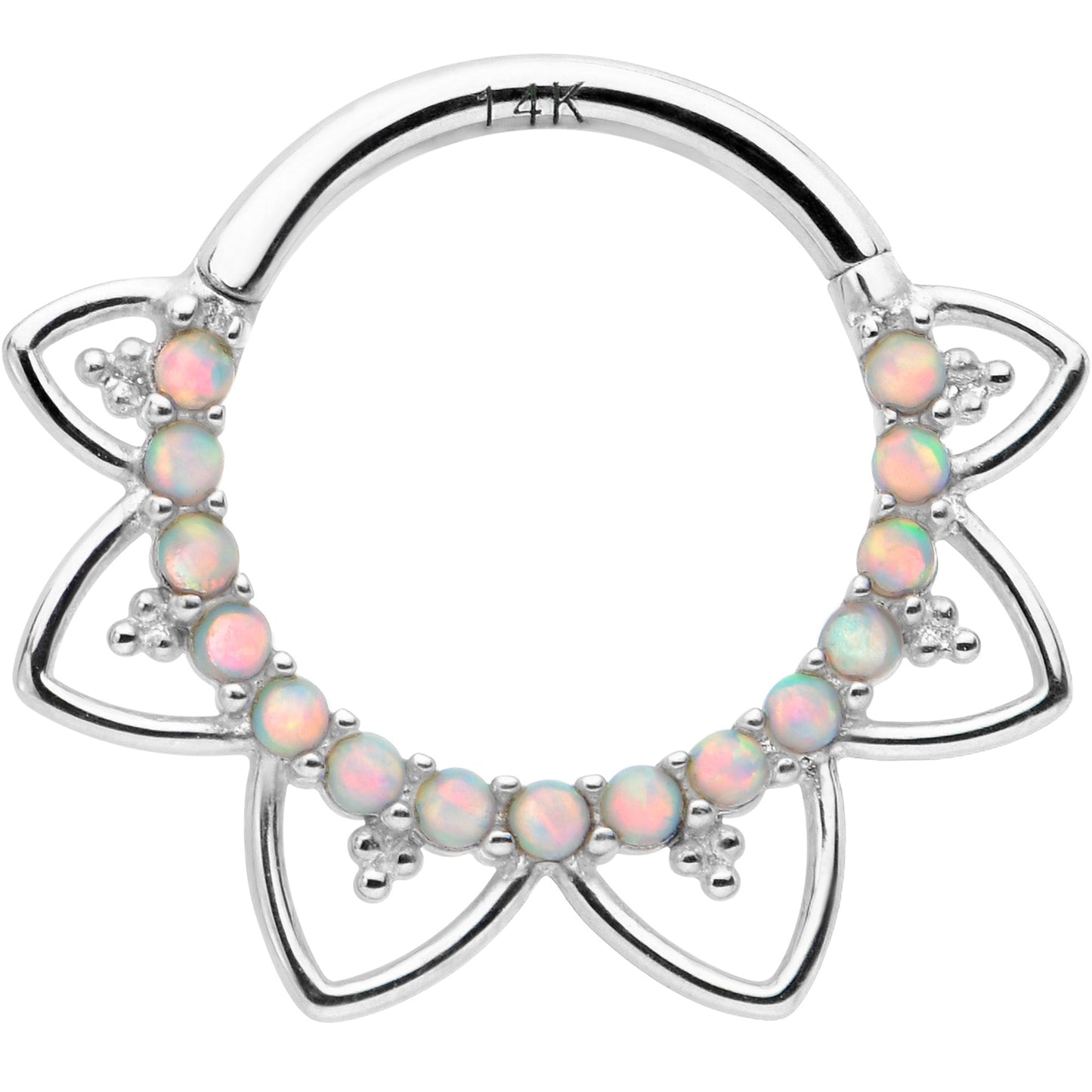 16G 3/8 White Synthetic Opal 14k White Gold Filigree Hinged Segment Ring