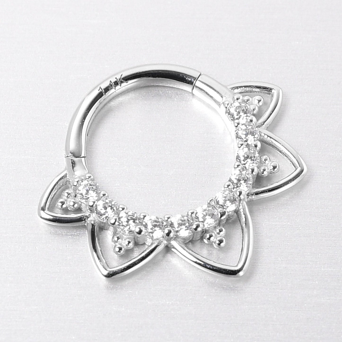 16G 5/16 Clear CZ Gem 14k White Gold Filigree Hinged Segment Ring