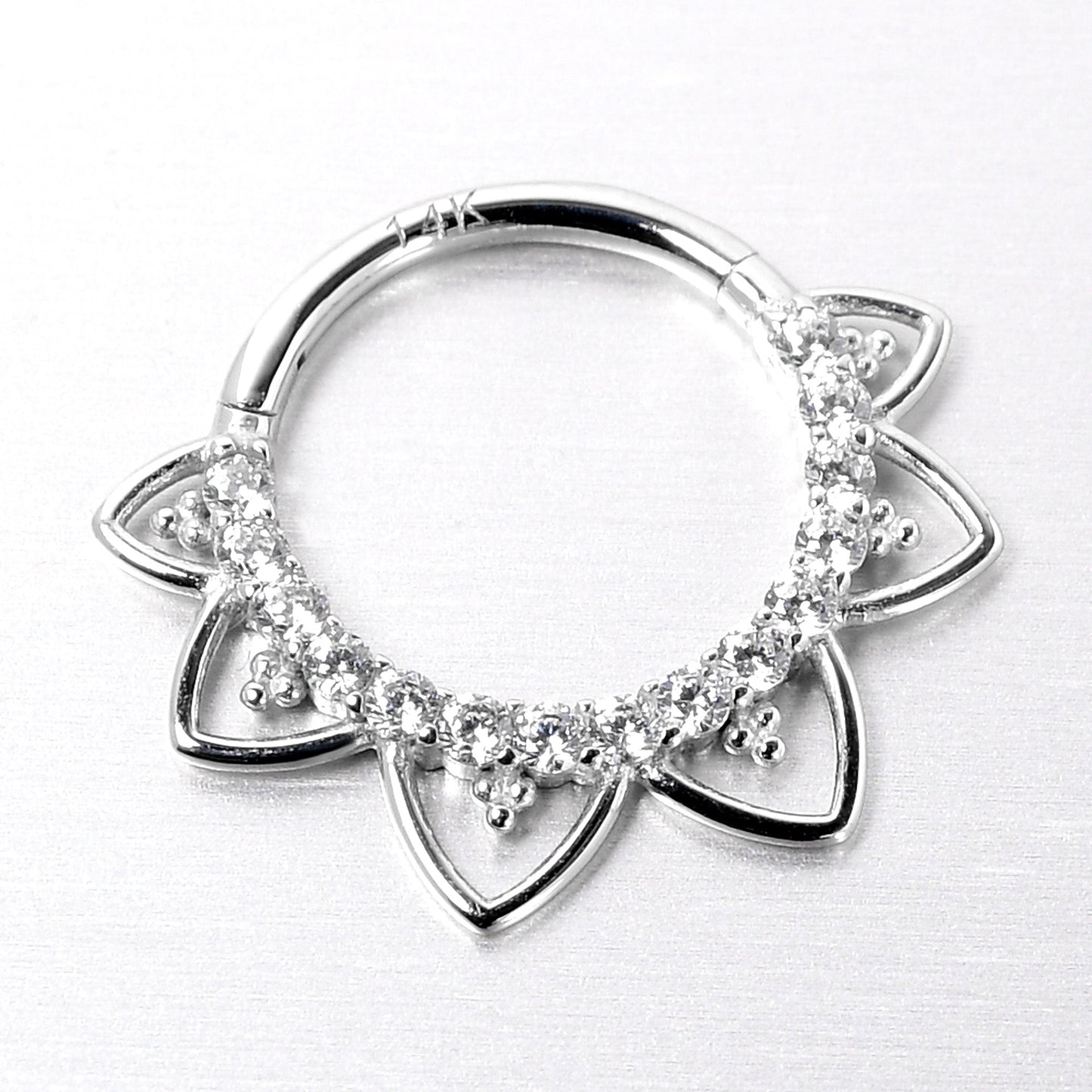 16G 3/8 Clear CZ Gem 14k White Gold Filigree Hinged Segment Ring