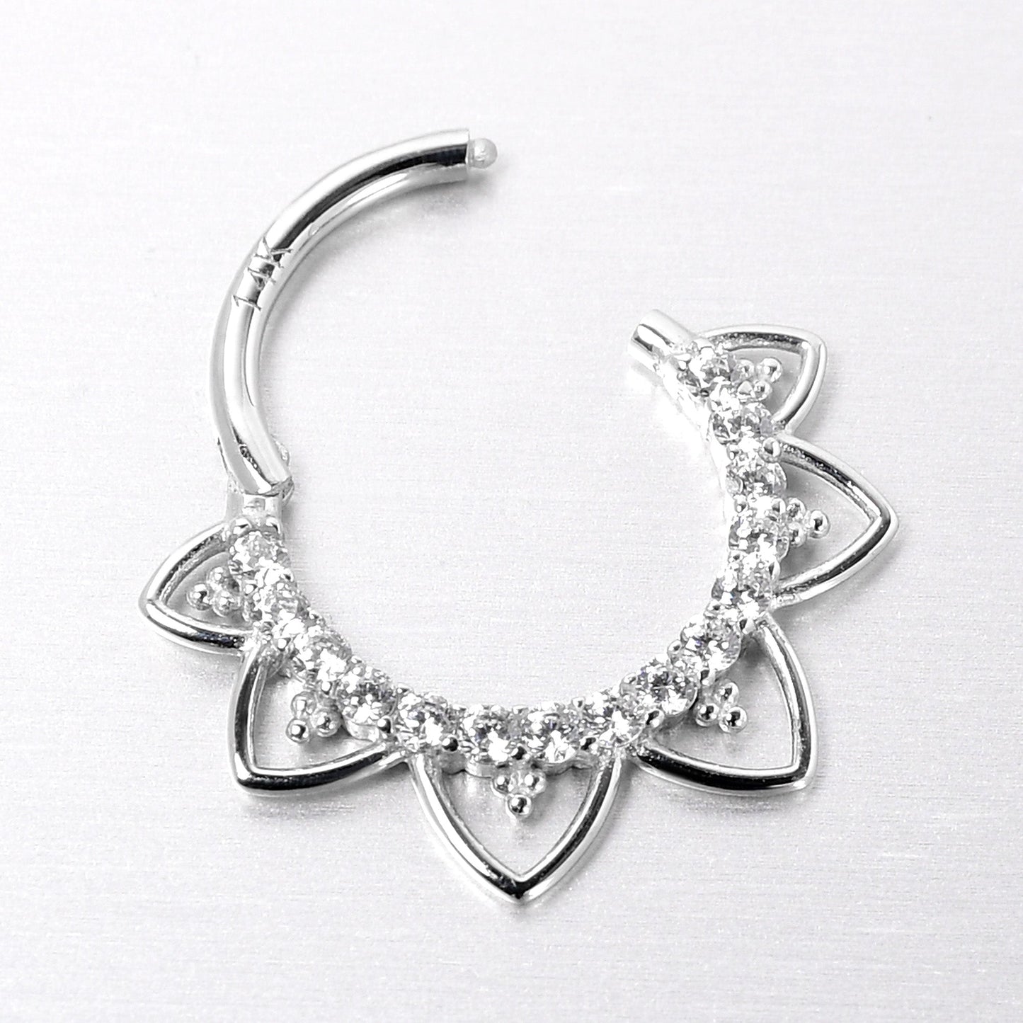 16G 3/8 Clear CZ Gem 14k White Gold Filigree Hinged Segment Ring