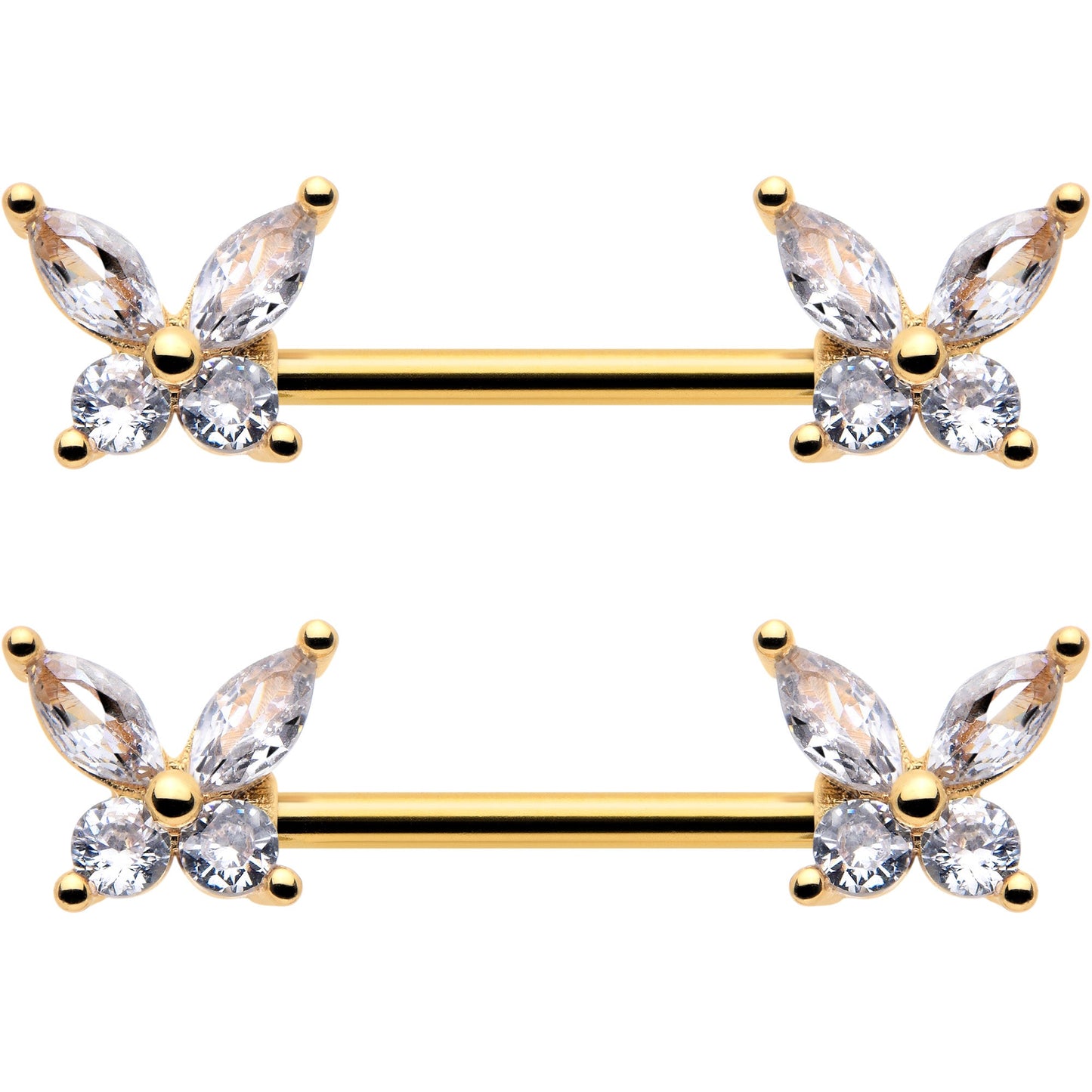 14G 9/16 Clear CZ Gem Gold Tone Butterflies Barbell Nipple Ring Set