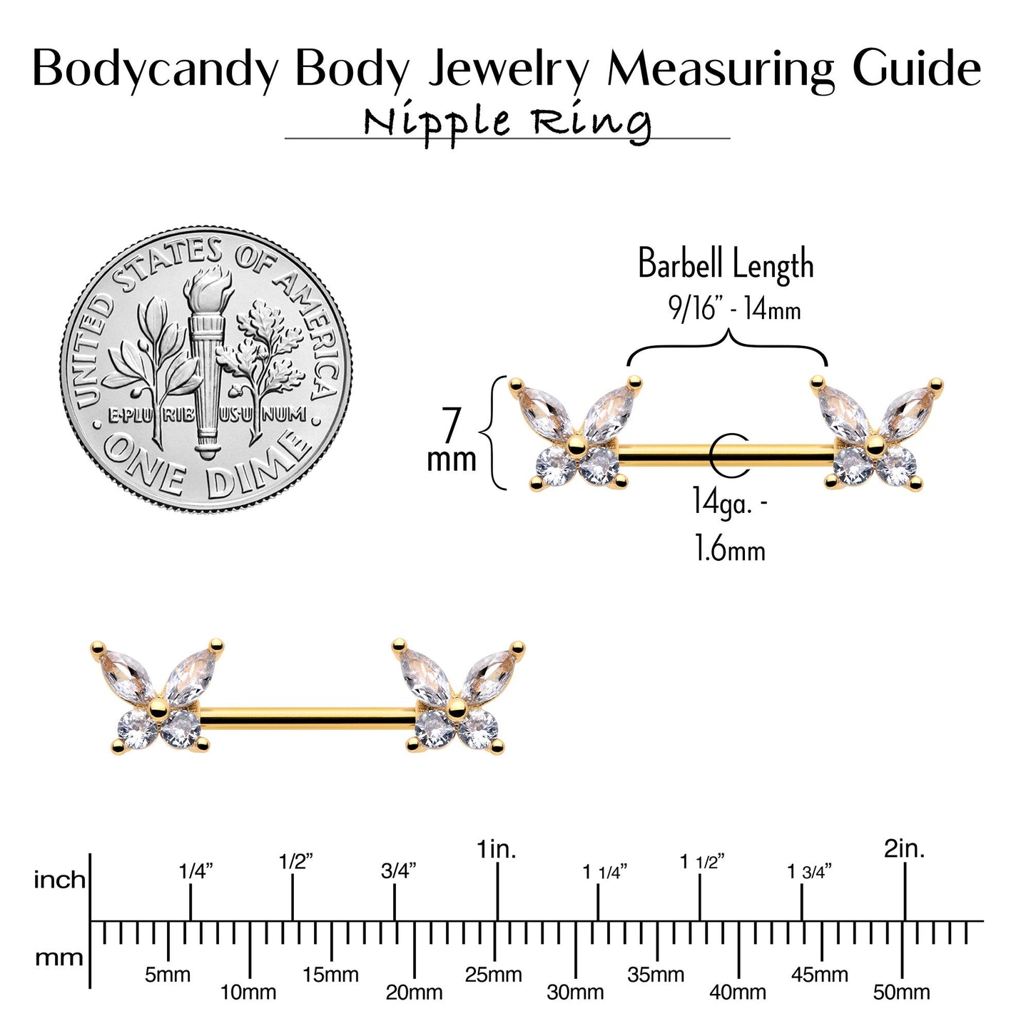 14G 9/16 Clear CZ Gem Gold Tone Butterflies Barbell Nipple Ring Set