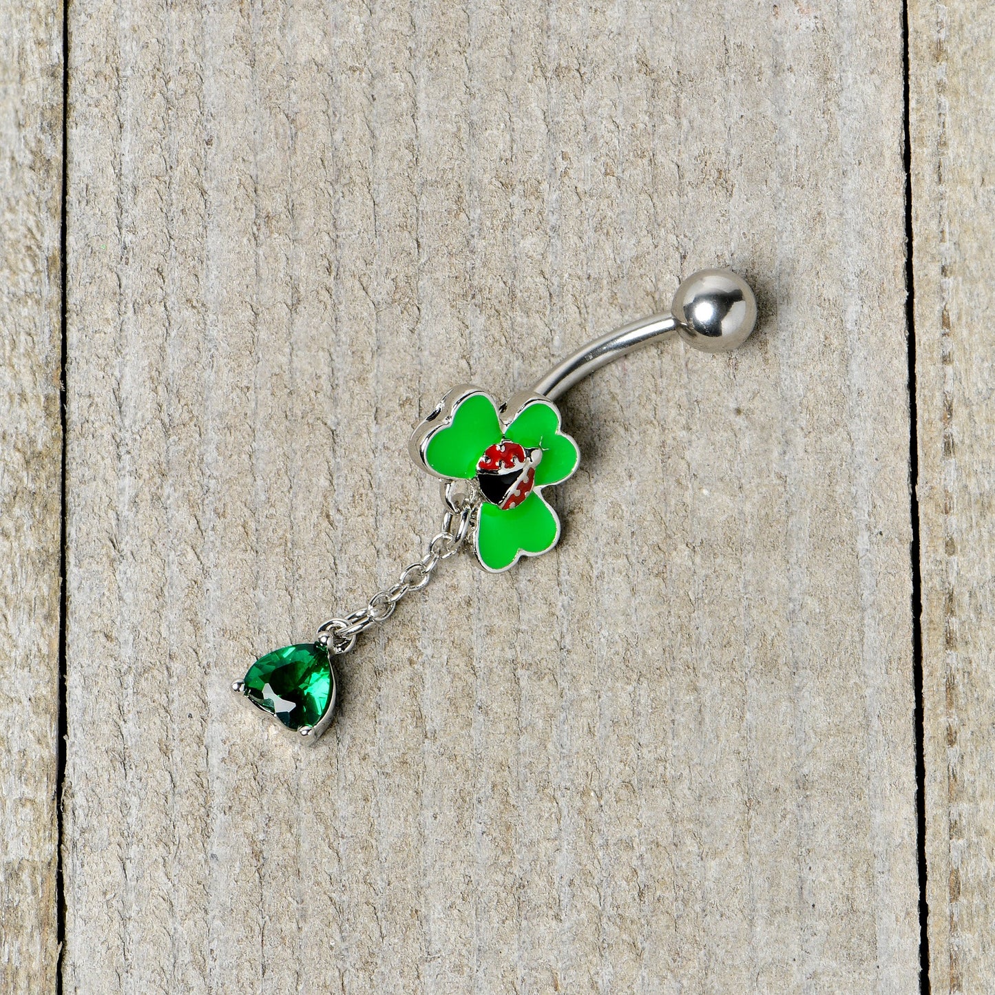 Green Gem Shamrock Ladybug St Patricks Dangle Belly Ring