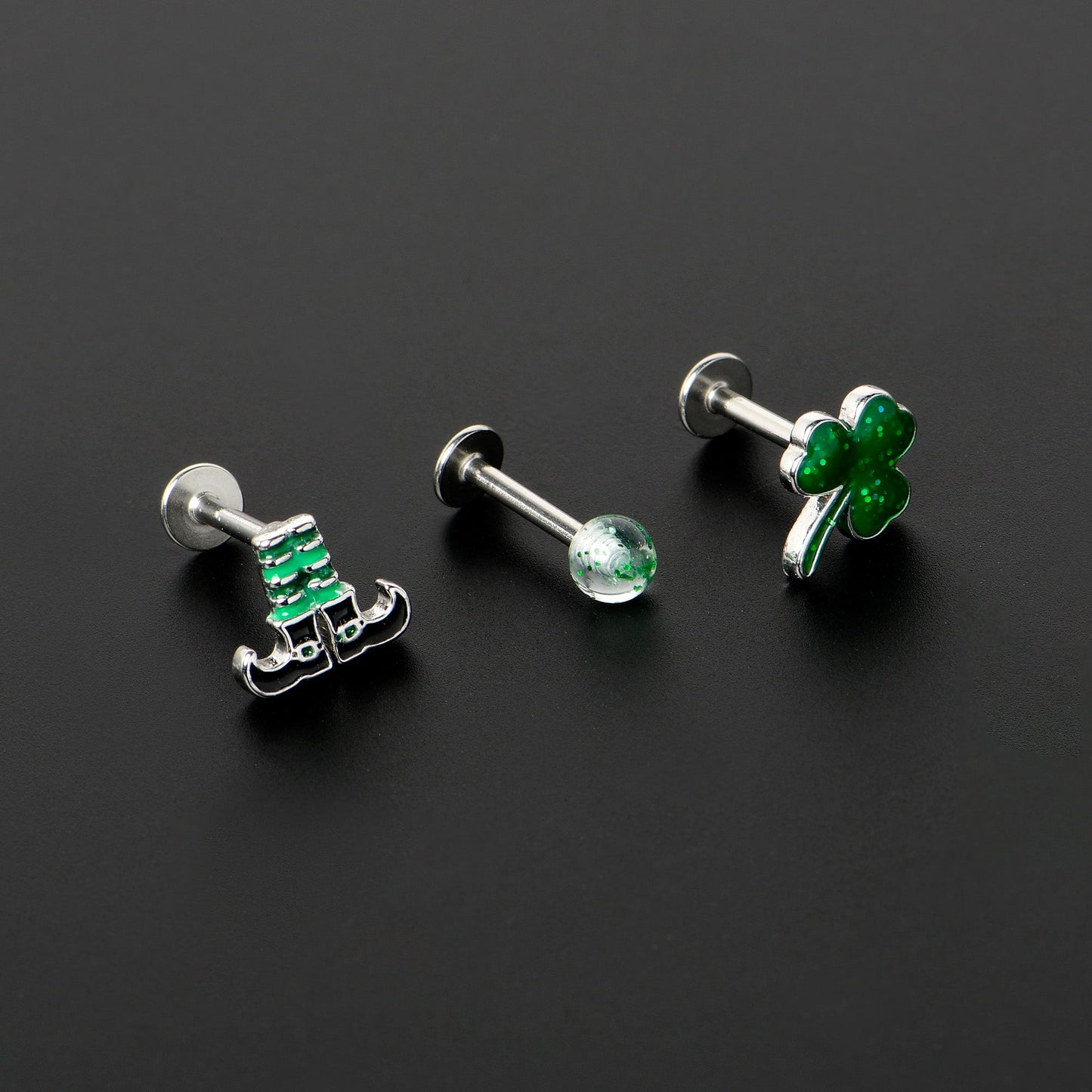 16G 1/4 Leprechaun Legs Shamrock UV Glow Labret Set of 3