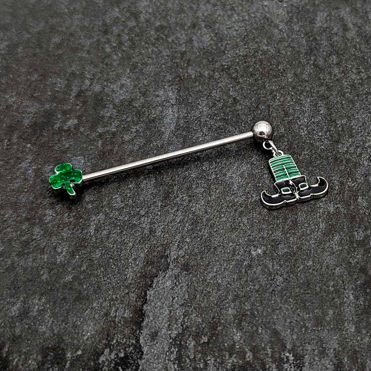 14G Leprechaun Legs Shamrock Dangle Industrial Barbell 38mm