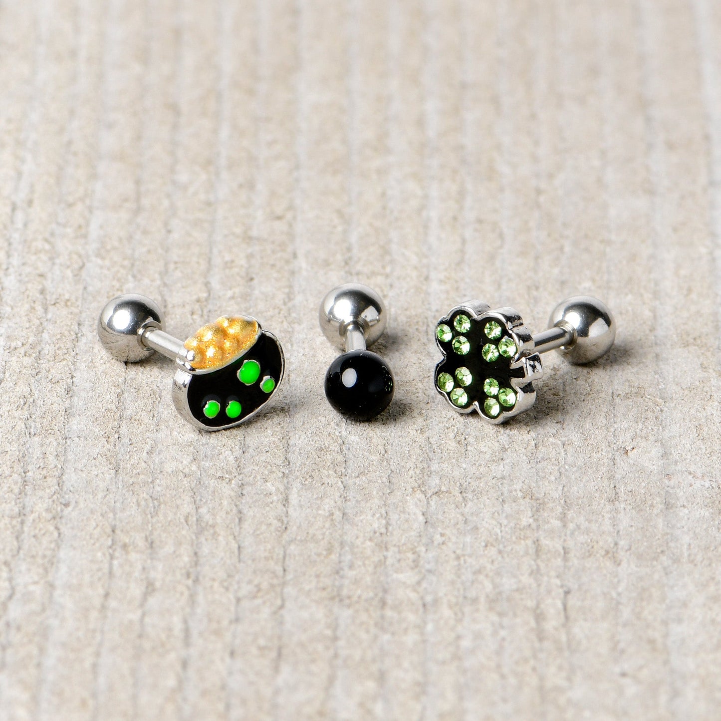 16G 1/4 Green Gem  Shamrock Pot of Gold Cartilage Earring Curation Set of 3