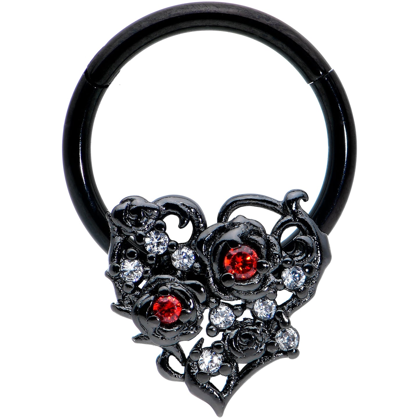 16G 3/8 Clear Red CZ Gem Black Heart Floral Hinged Segment Ring