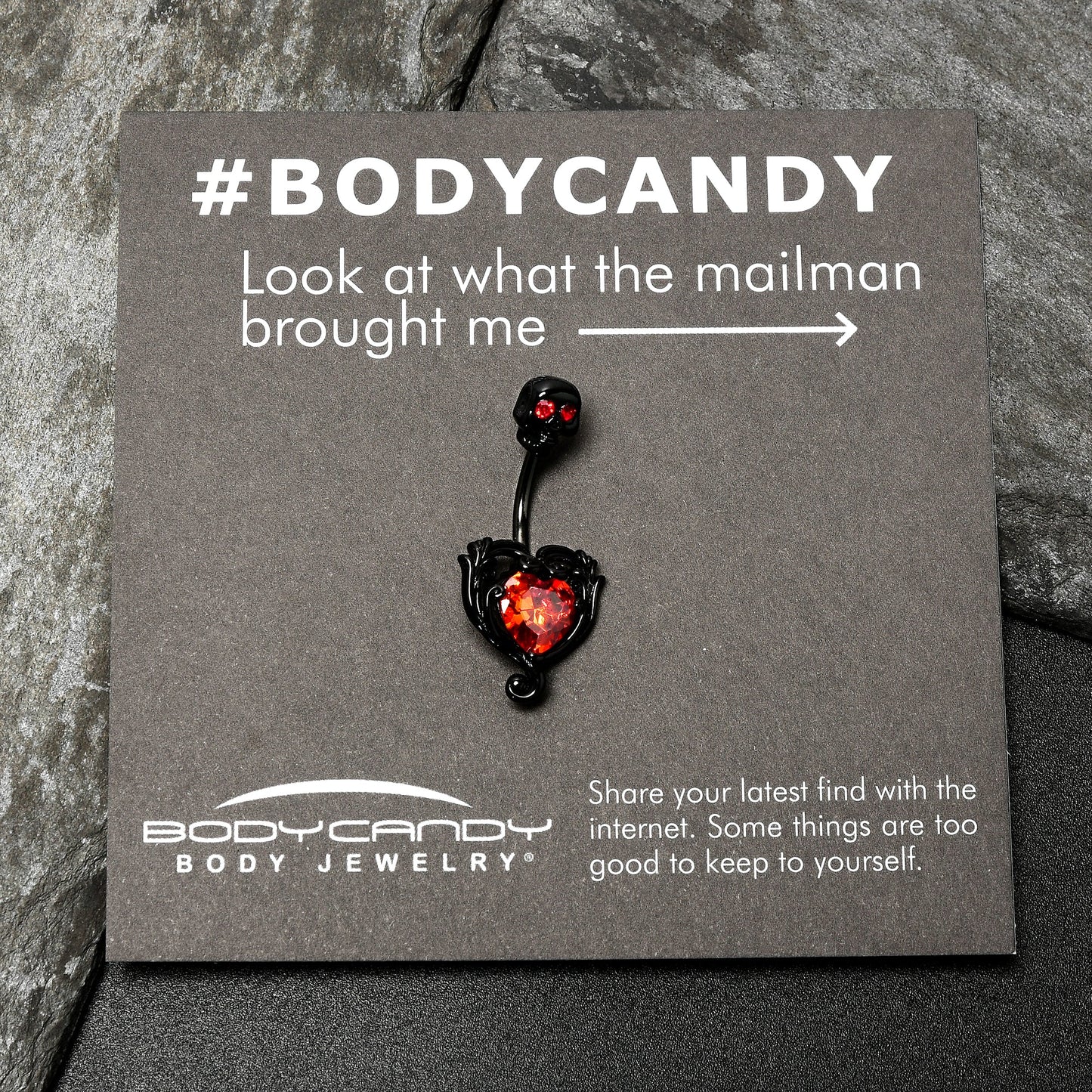 Red CZ Gem Black Passion Heart Skull Double Mount Belly Ring