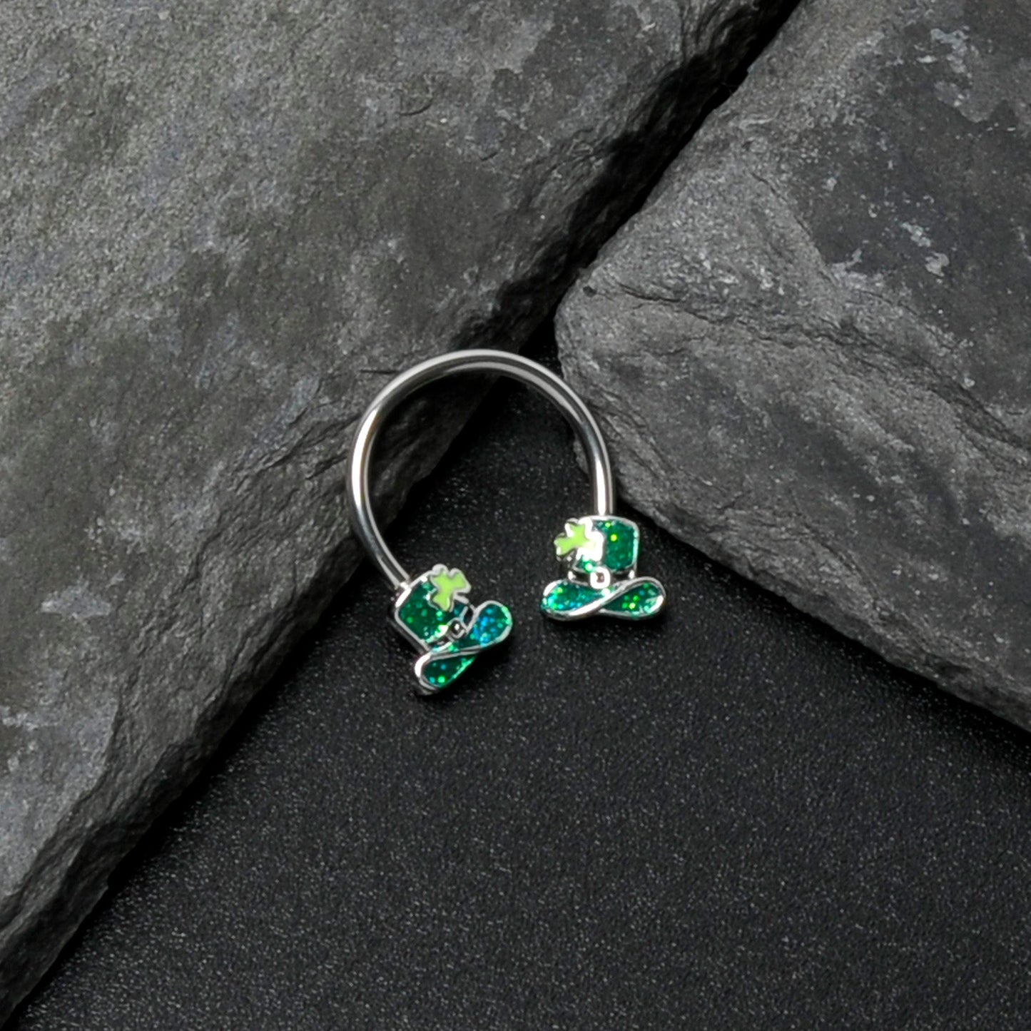 16G 3/8 Glitter Top Hat Shamrock Horseshoe Circular Barbell