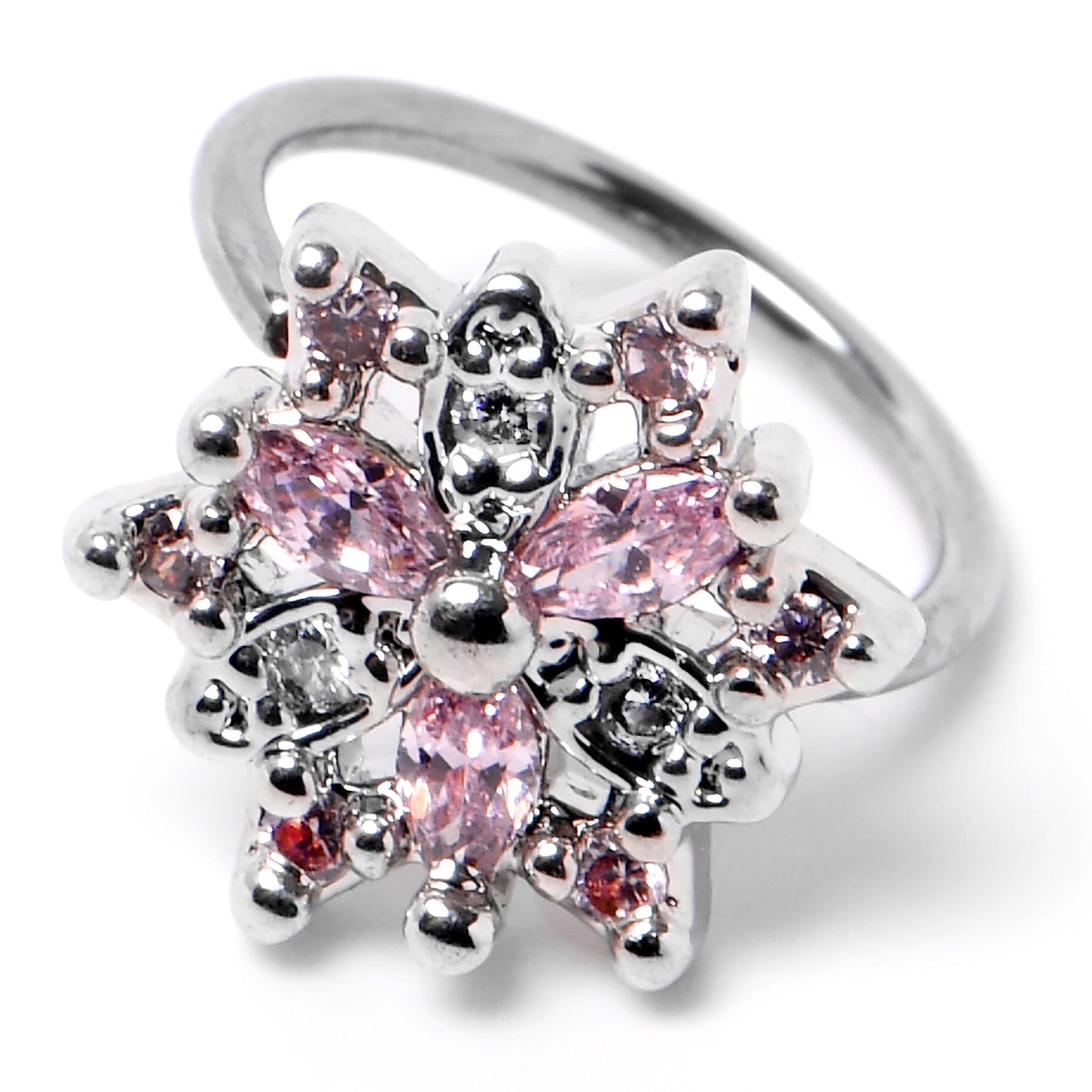 20G 5/16 Pink Clear CZ Gem Snowflake Nose Hoop