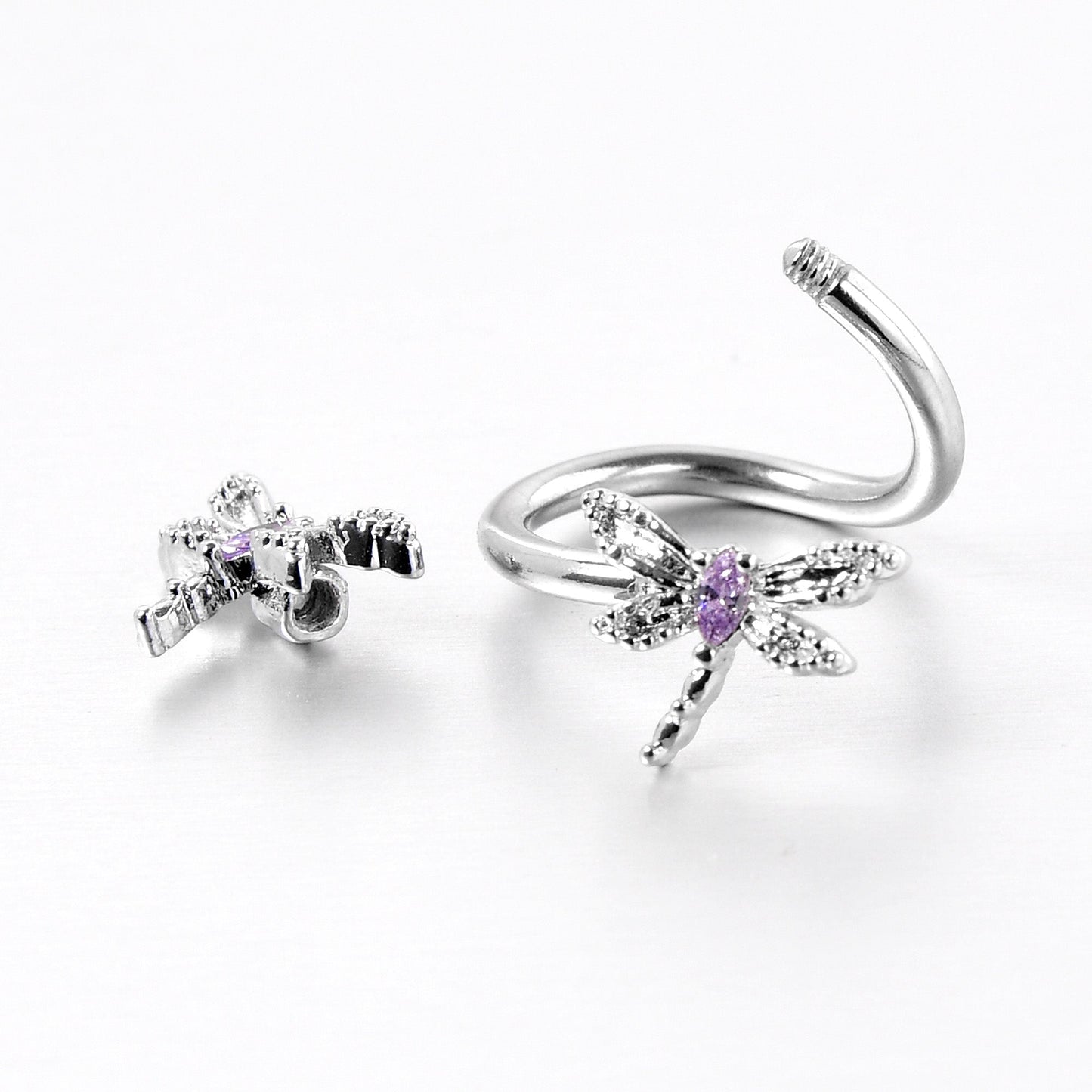 Purple CZ Gem Open Dragonfly Spiral Twister Belly Ring
