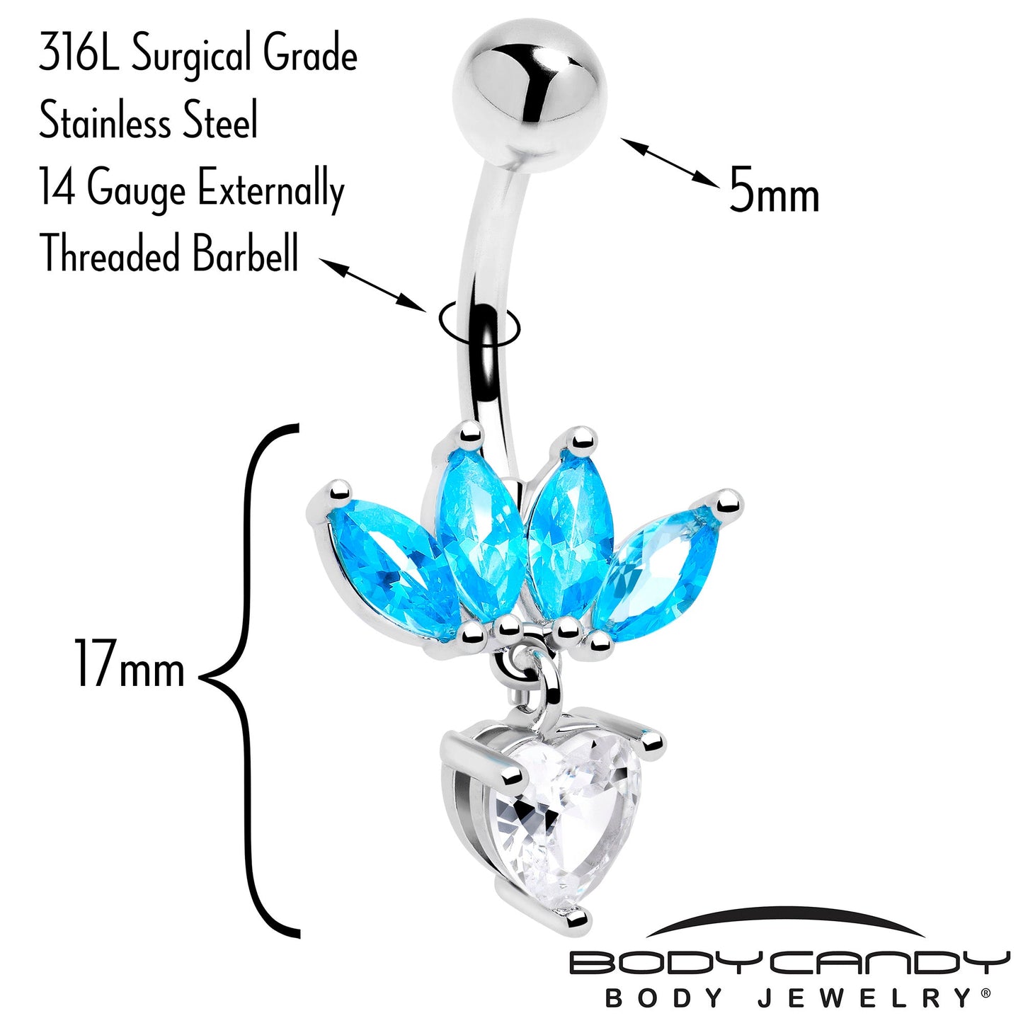 Blue Clear Gem Quartet Heart Dangle Belly Ring
