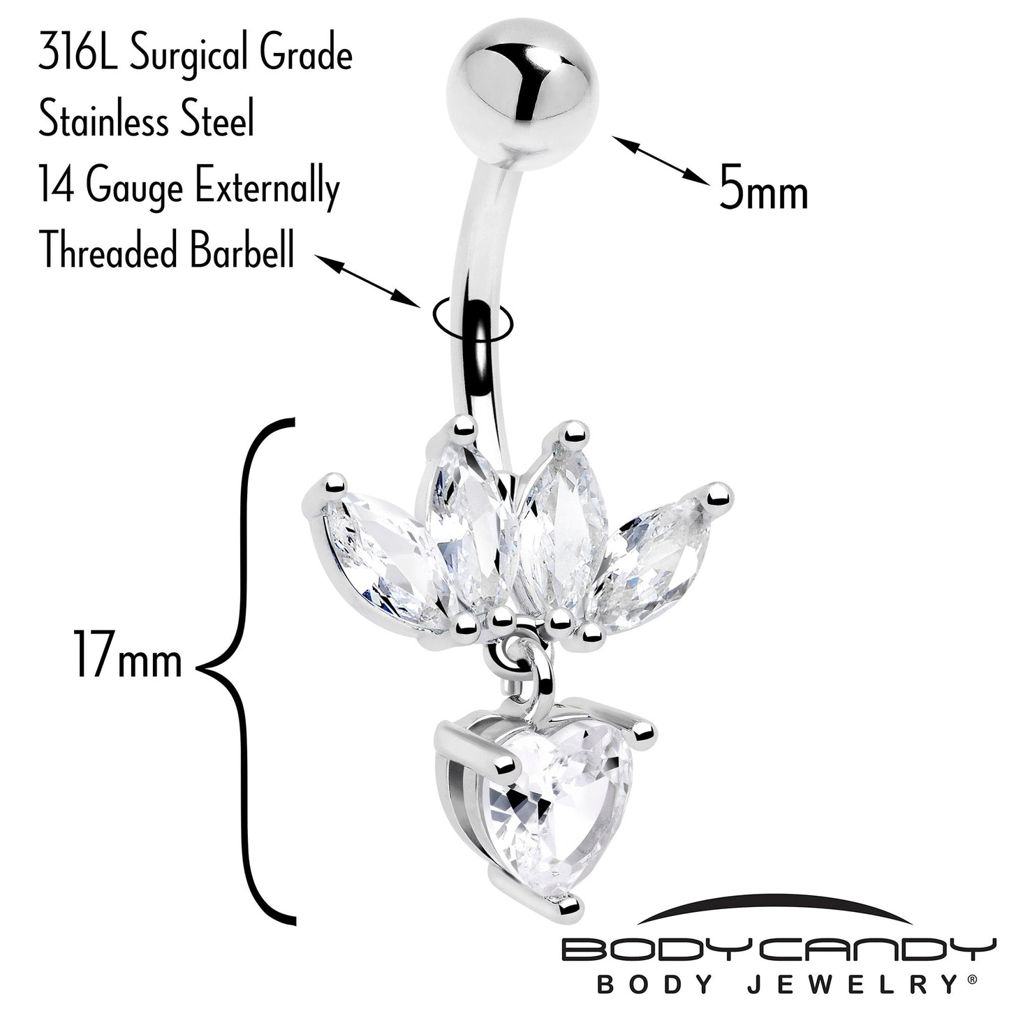 Clear Gem Quartet Heart Dangle Belly Ring
