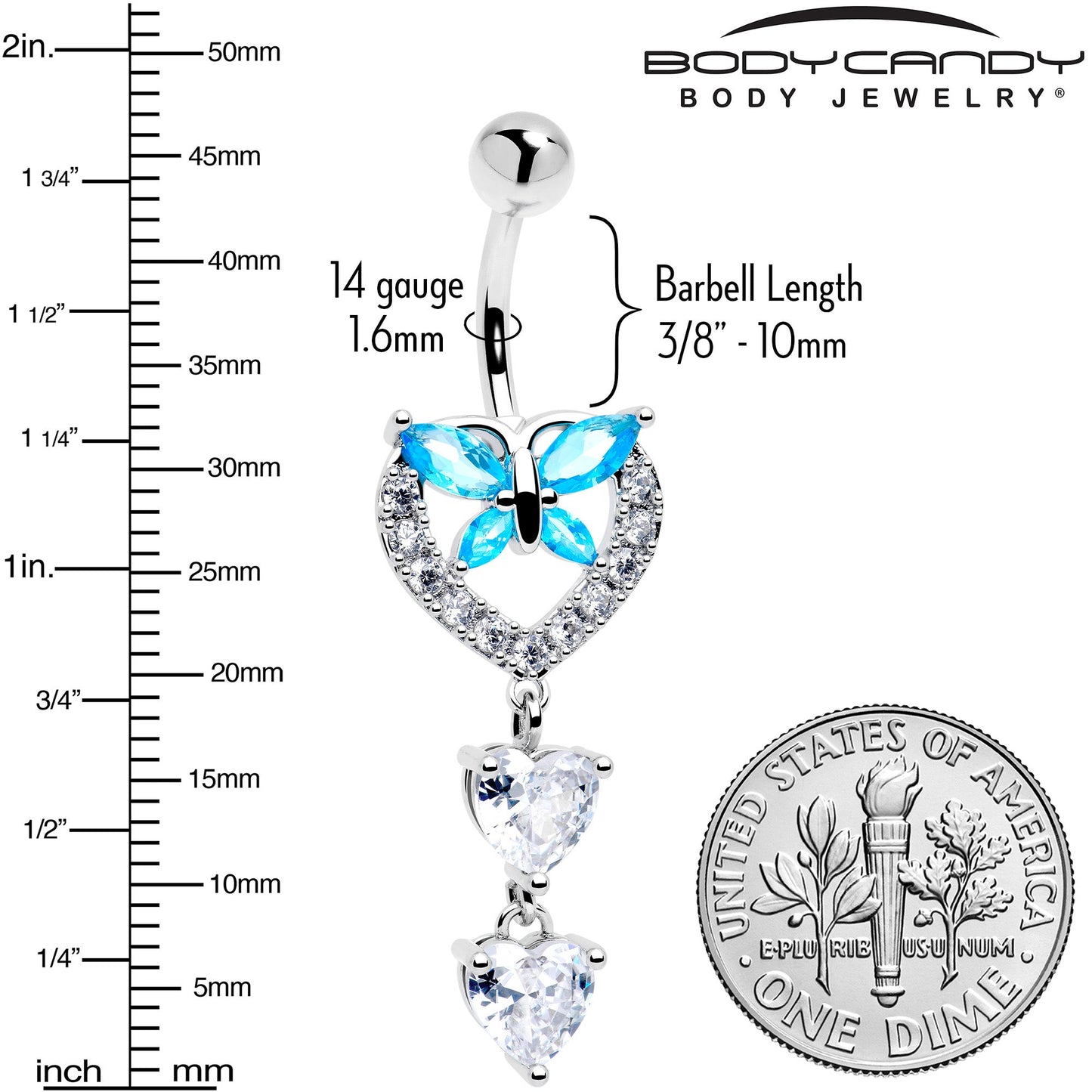 Blue Clear Gem Butterfly Hearts Of Love Dangle Belly Ring