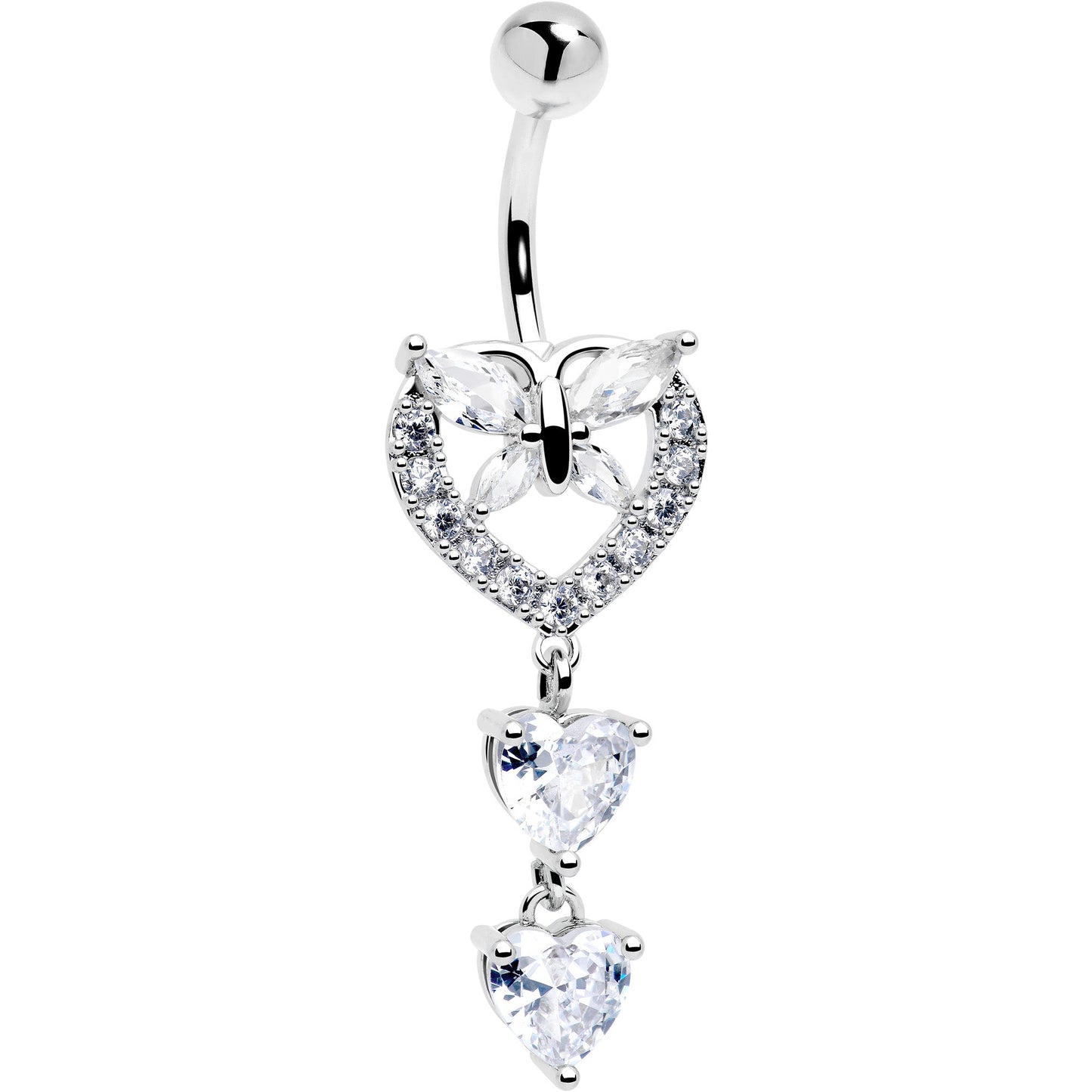 Clear CZ Gem Butterfly Hearts of Love Dangle Belly Ring