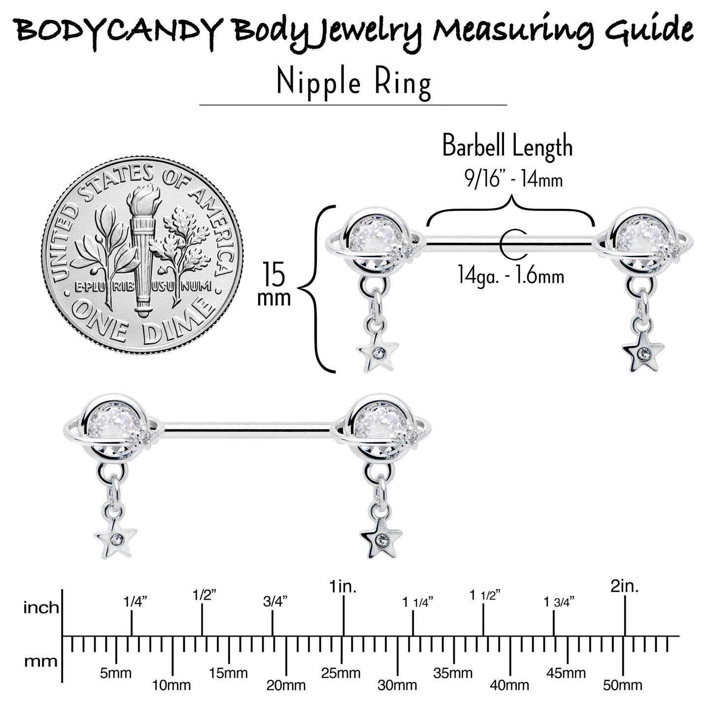 14G 9/16 Clear CZ Gem Starry Saturn Dangle Nipple Ring Set